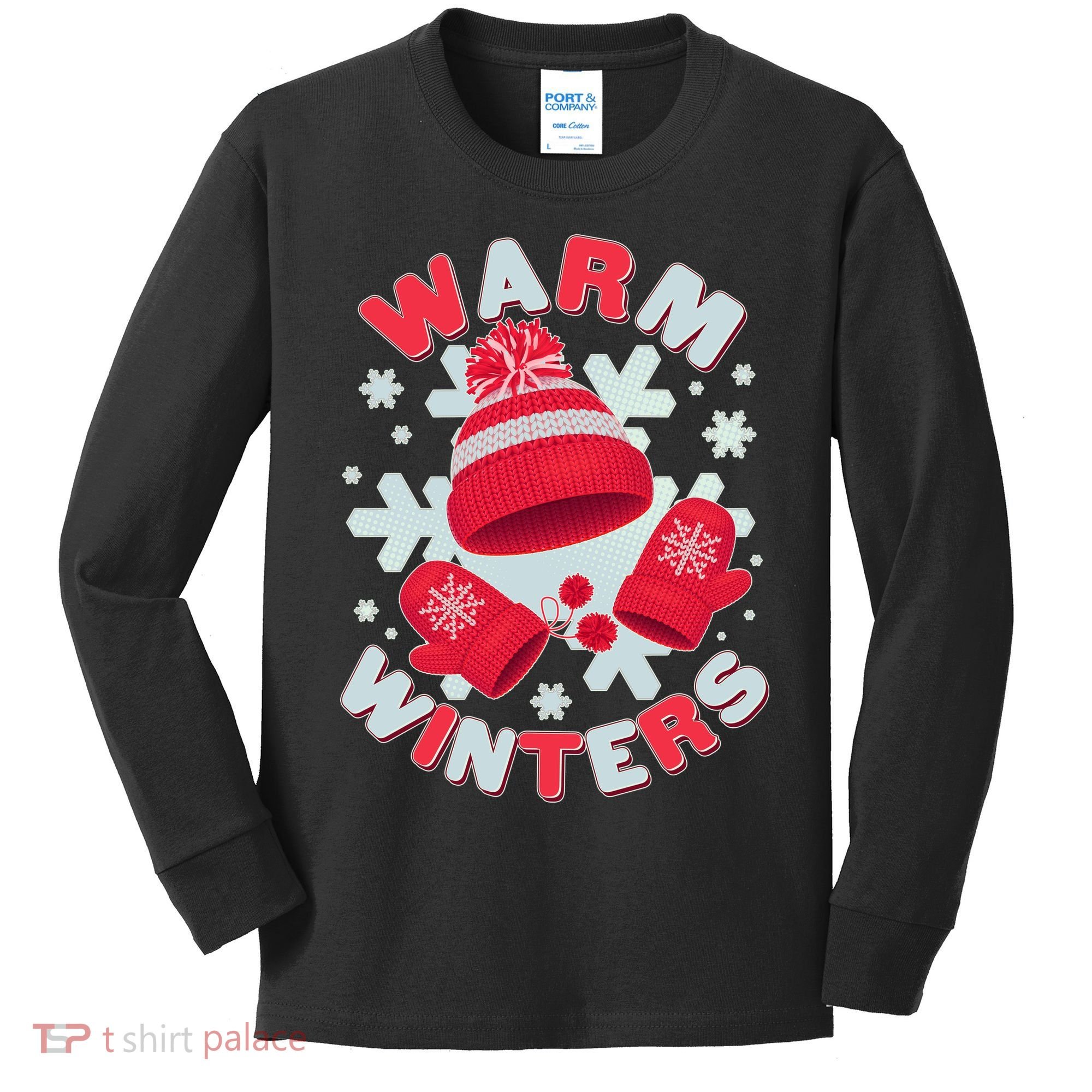 Festive Warm Winter Knit Hat And Gloves Kids Long Sleeve Shirt