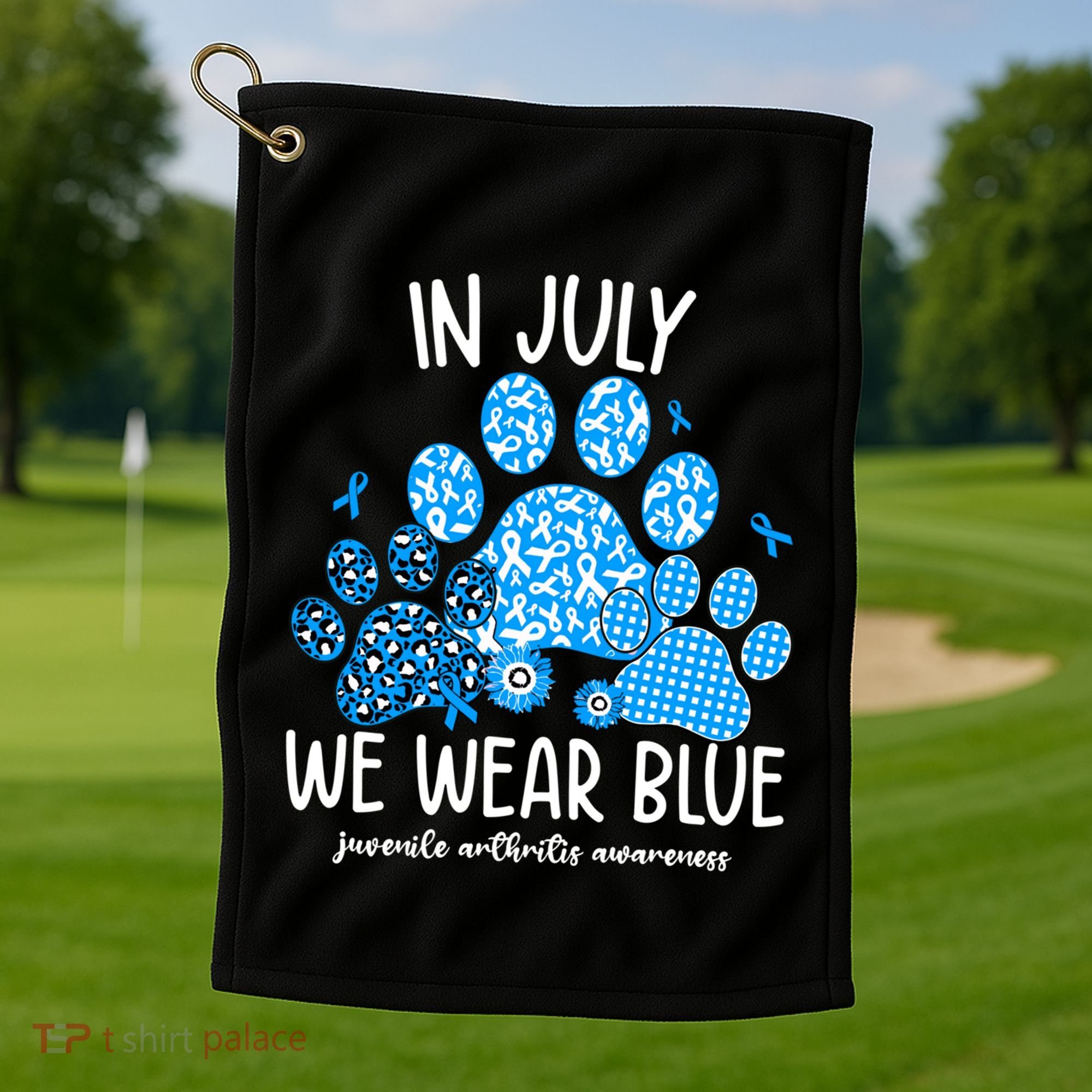 Funny We Wear Blue Dog Cat Paw Juvenile Arthritis Awareness Gift Golf Towel
