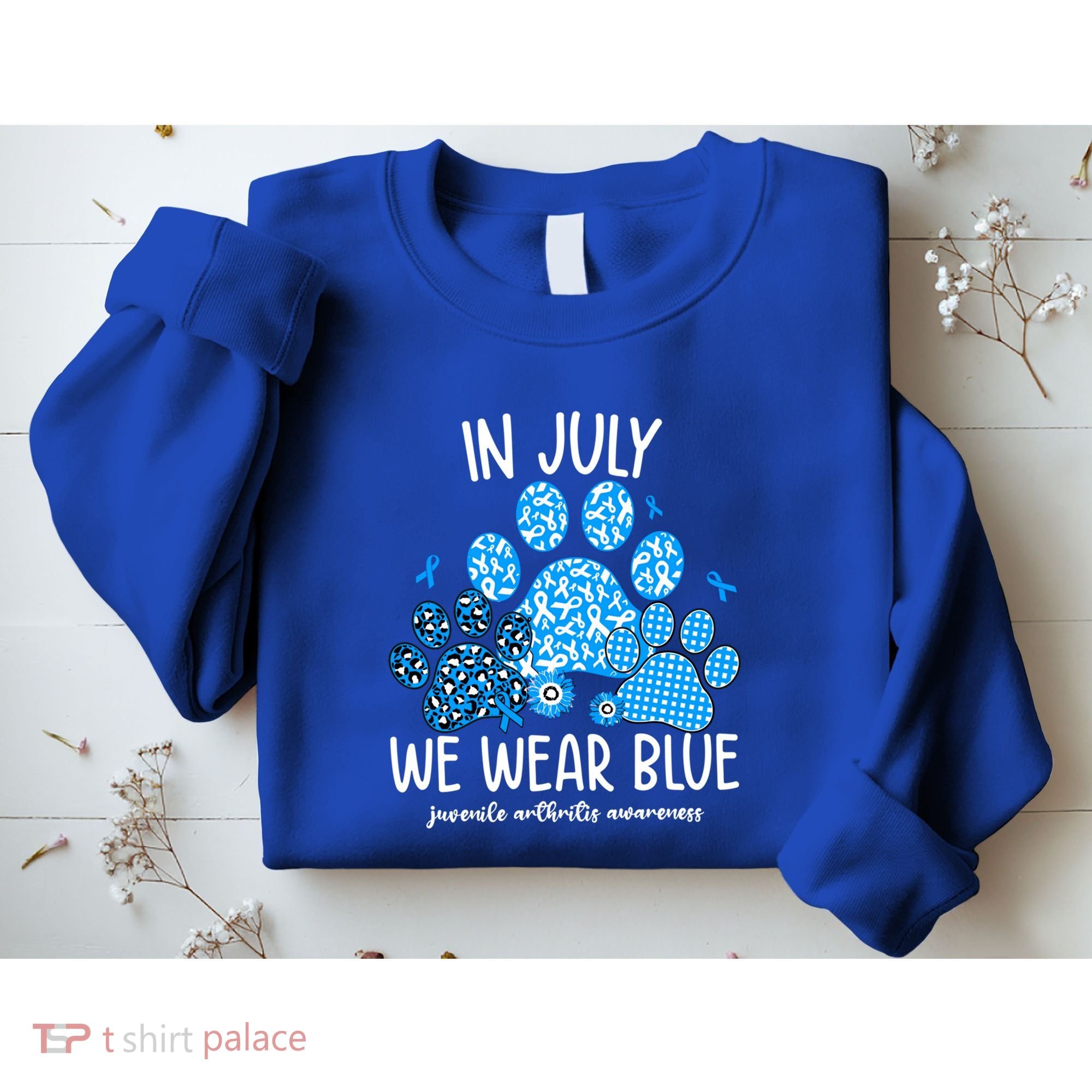 Funny We Wear Blue Dog Cat Paw Juvenile Arthritis Awareness Gift Sweatshirt