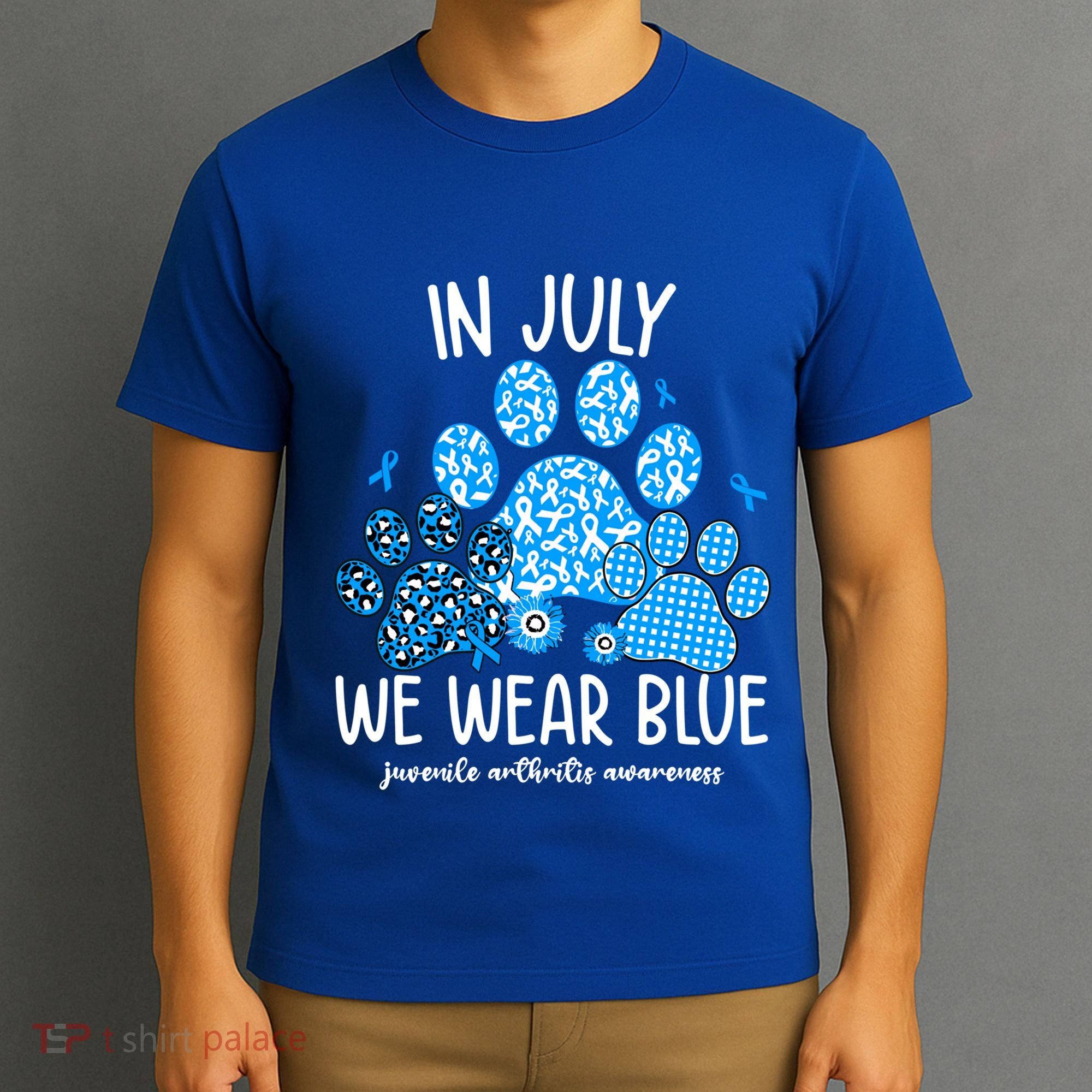 Funny We Wear Blue Dog Cat Paw Juvenile Arthritis Awareness Gift T-Shirt