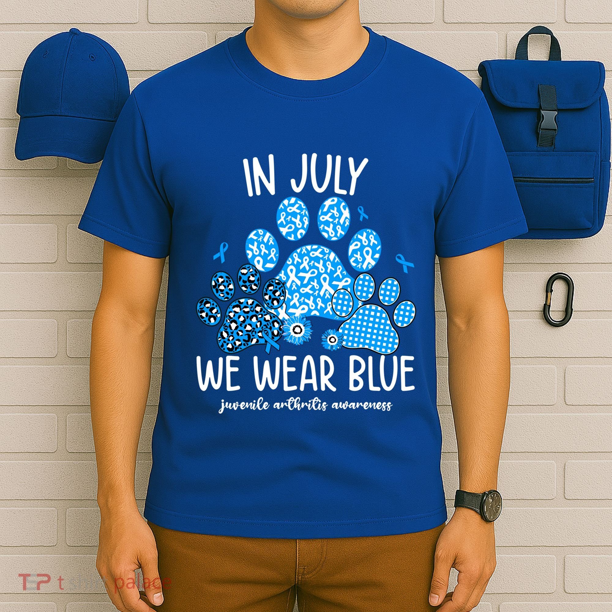Funny We Wear Blue Dog Cat Paw Juvenile Arthritis Awareness Gift T-Shirt