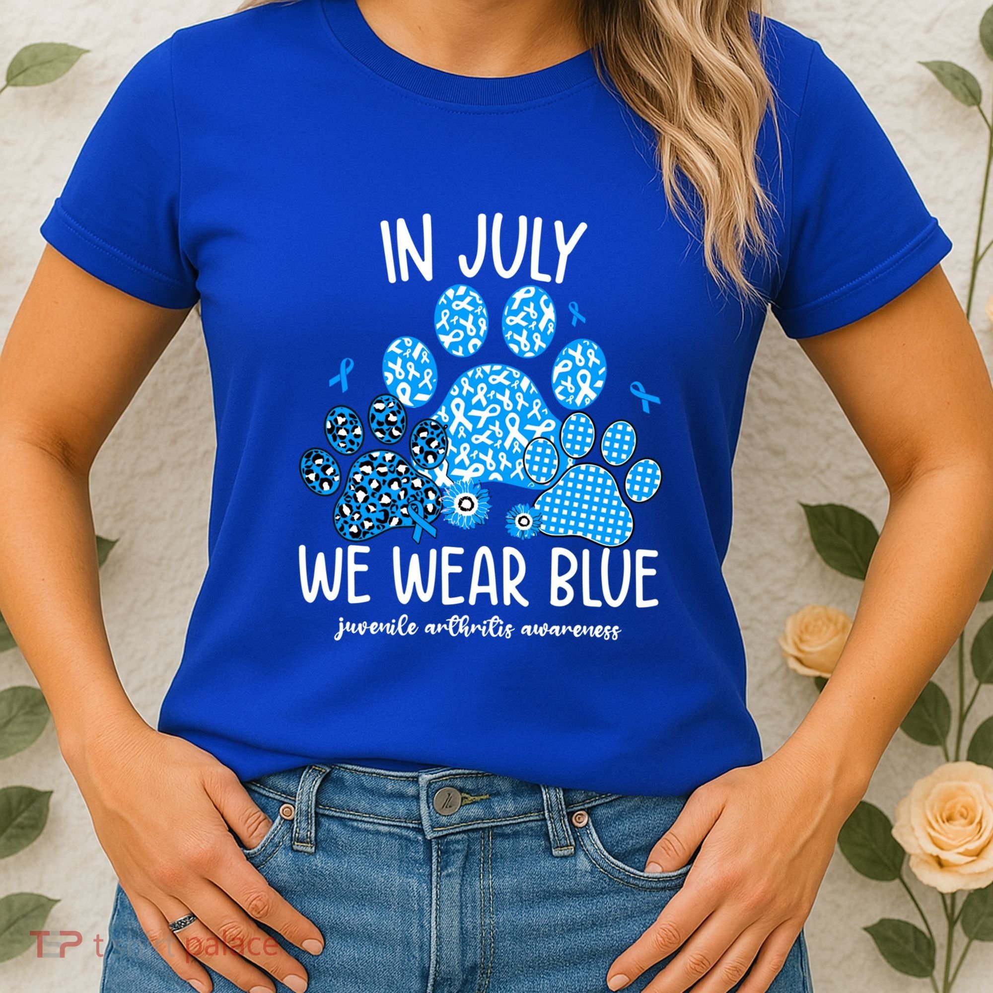 Funny We Wear Blue Dog Cat Paw Juvenile Arthritis Awareness Gift Women's T-Shirt