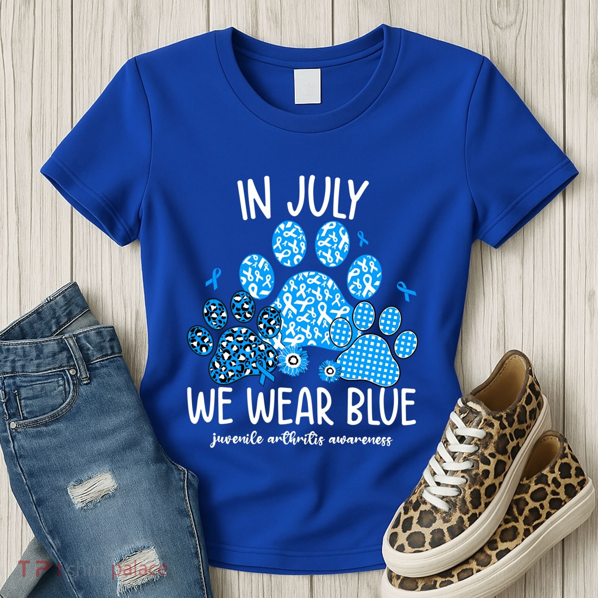 Funny We Wear Blue Dog Cat Paw Juvenile Arthritis Awareness Gift Women's T-Shirt
