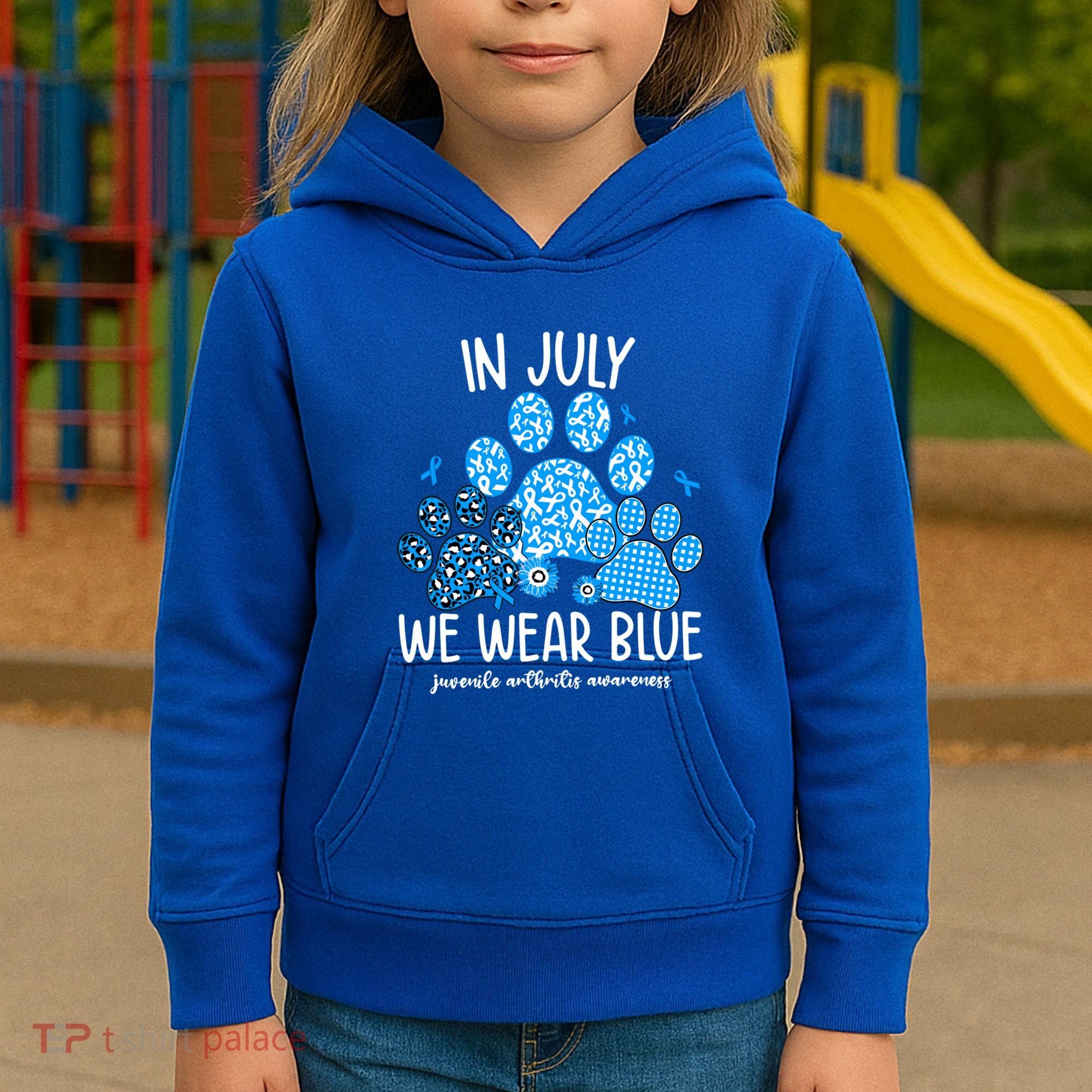 Funny We Wear Blue Dog Cat Paw Juvenile Arthritis Awareness Gift Kids Hoodie