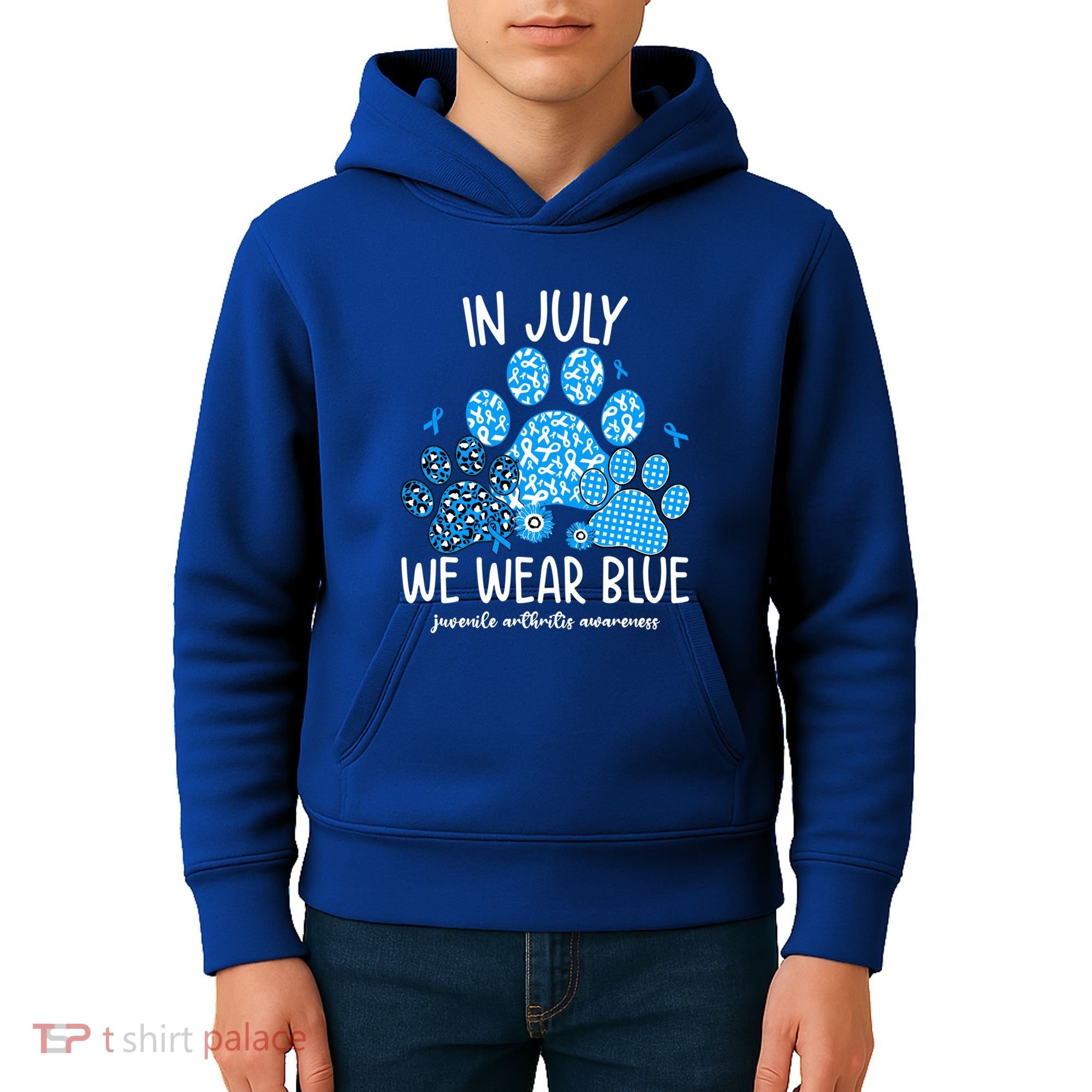 Funny We Wear Blue Dog Cat Paw Juvenile Arthritis Awareness Gift Kids Hoodie