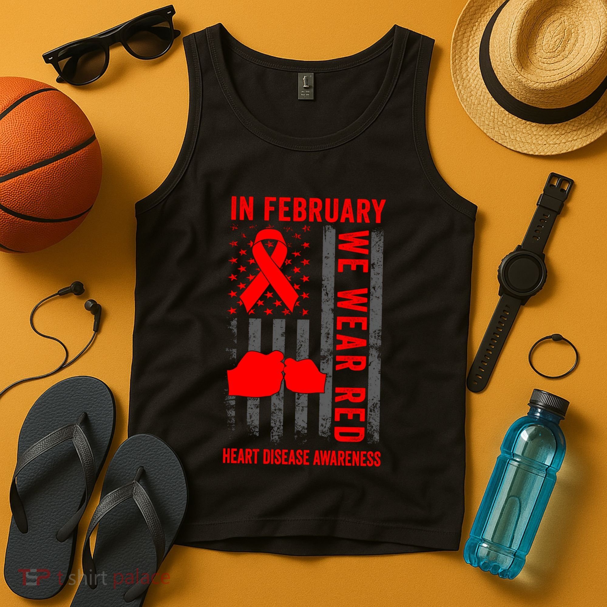 February We Wear Red American Flag Heart Disease Awareness Tank Top