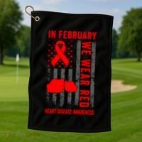 February We Wear Red American Flag Heart Disease Awareness Golf Towel thumb 1