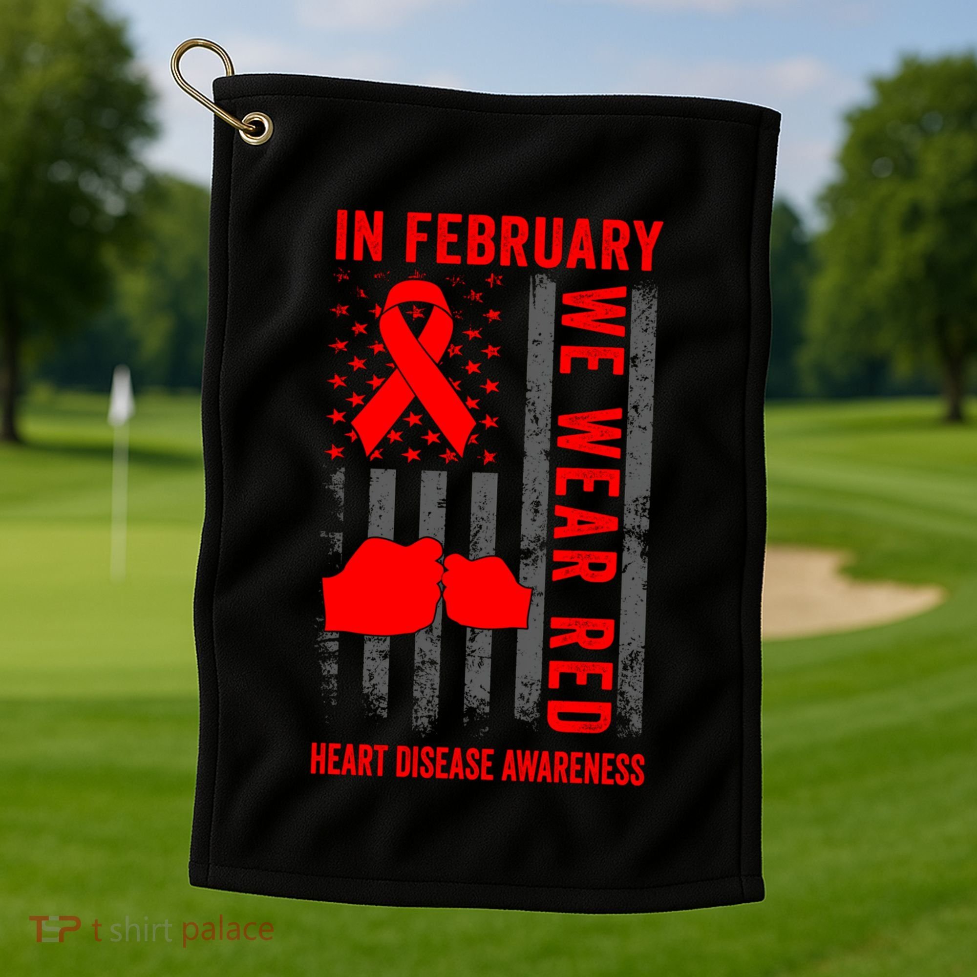 February We Wear Red American Flag Heart Disease Awareness Golf Towel