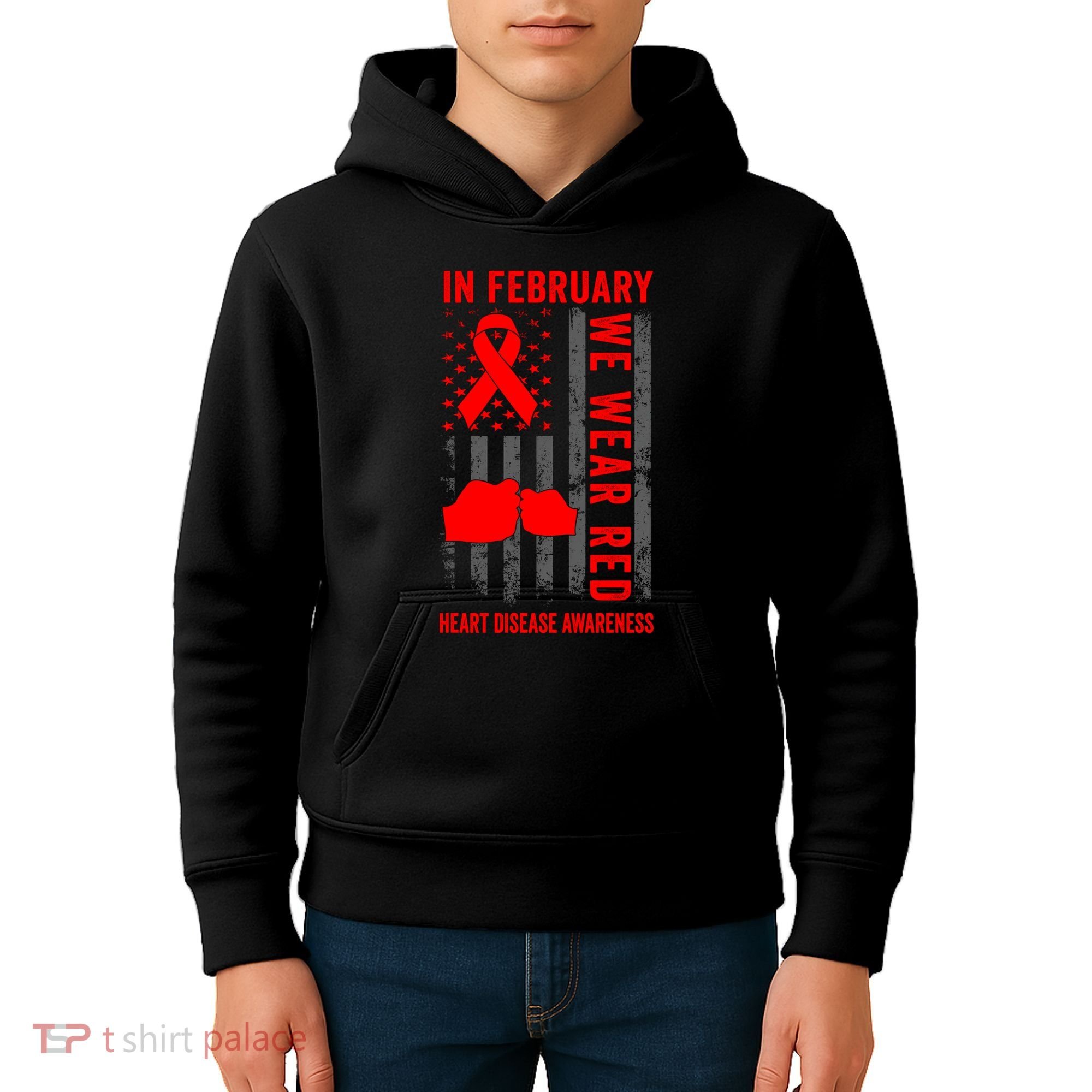 February We Wear Red American Flag Heart Disease Awareness Kids Hoodie