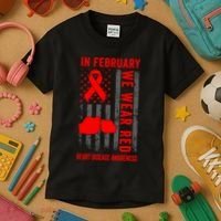 February We Wear Red American Flag Heart Disease Awareness Kids T-Shirt thumb 3
