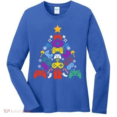 Funny Xmas Gamer Games Controllers Christmas Tree Boys Cool Gift Women's Long Sleeve Shirt