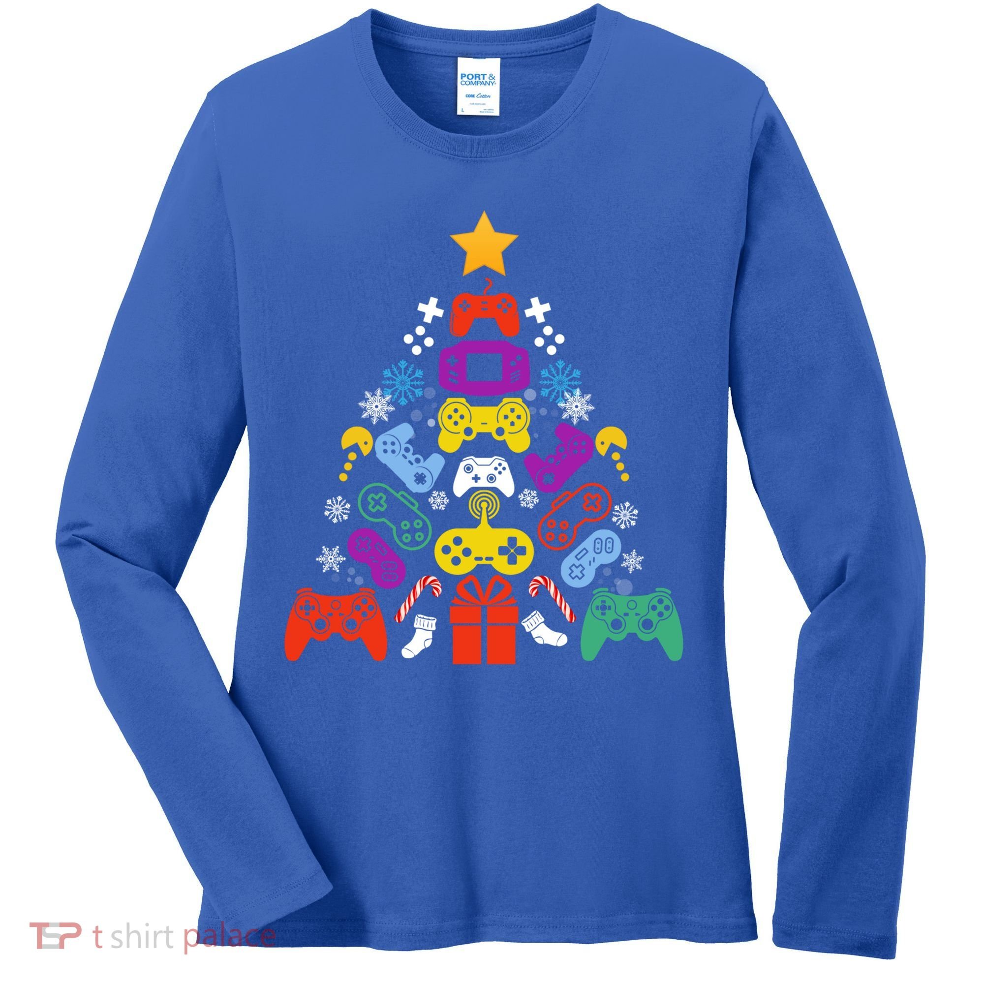 Funny Xmas Gamer Games Controllers Christmas Tree Boys Cool Gift Women's Long Sleeve Shirt