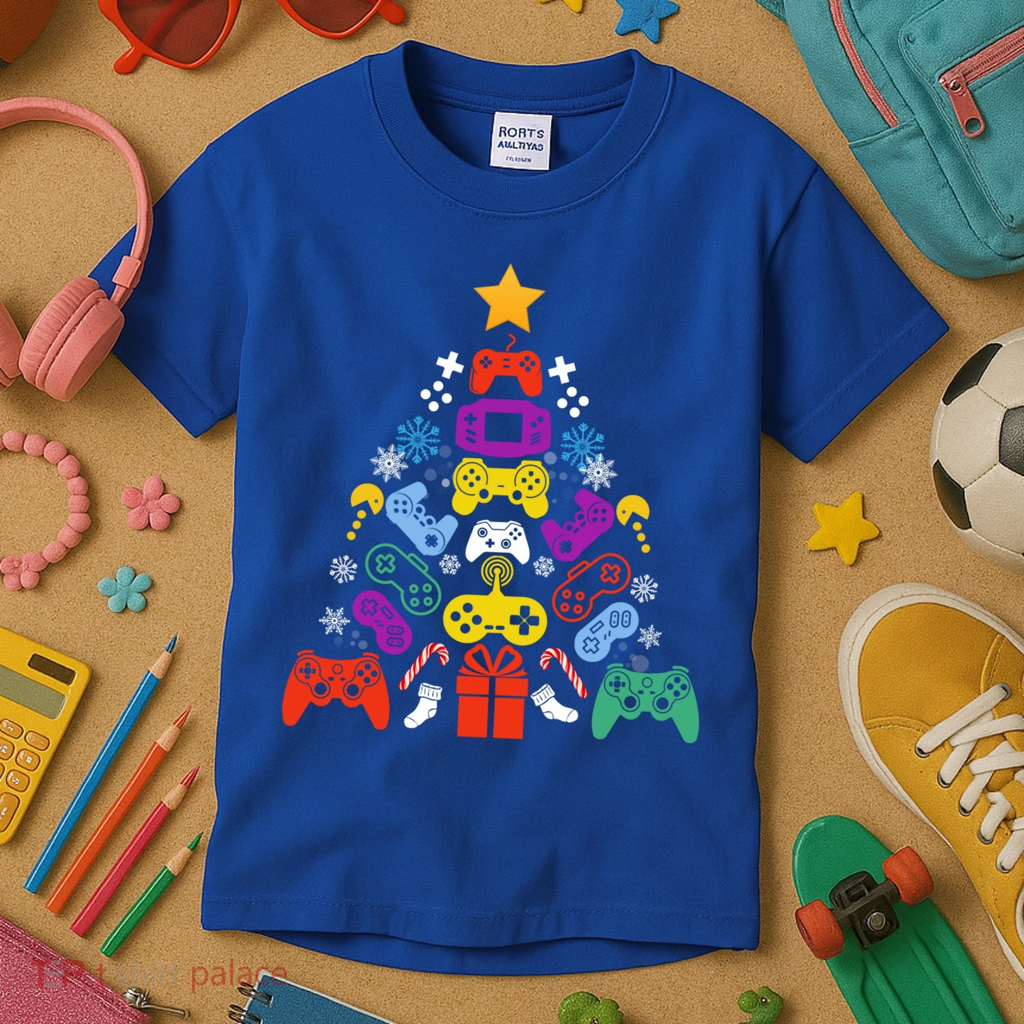 Funny Xmas Gamer Games Controllers Christmas Tree Boys Cool Gift Kids T-Shirt