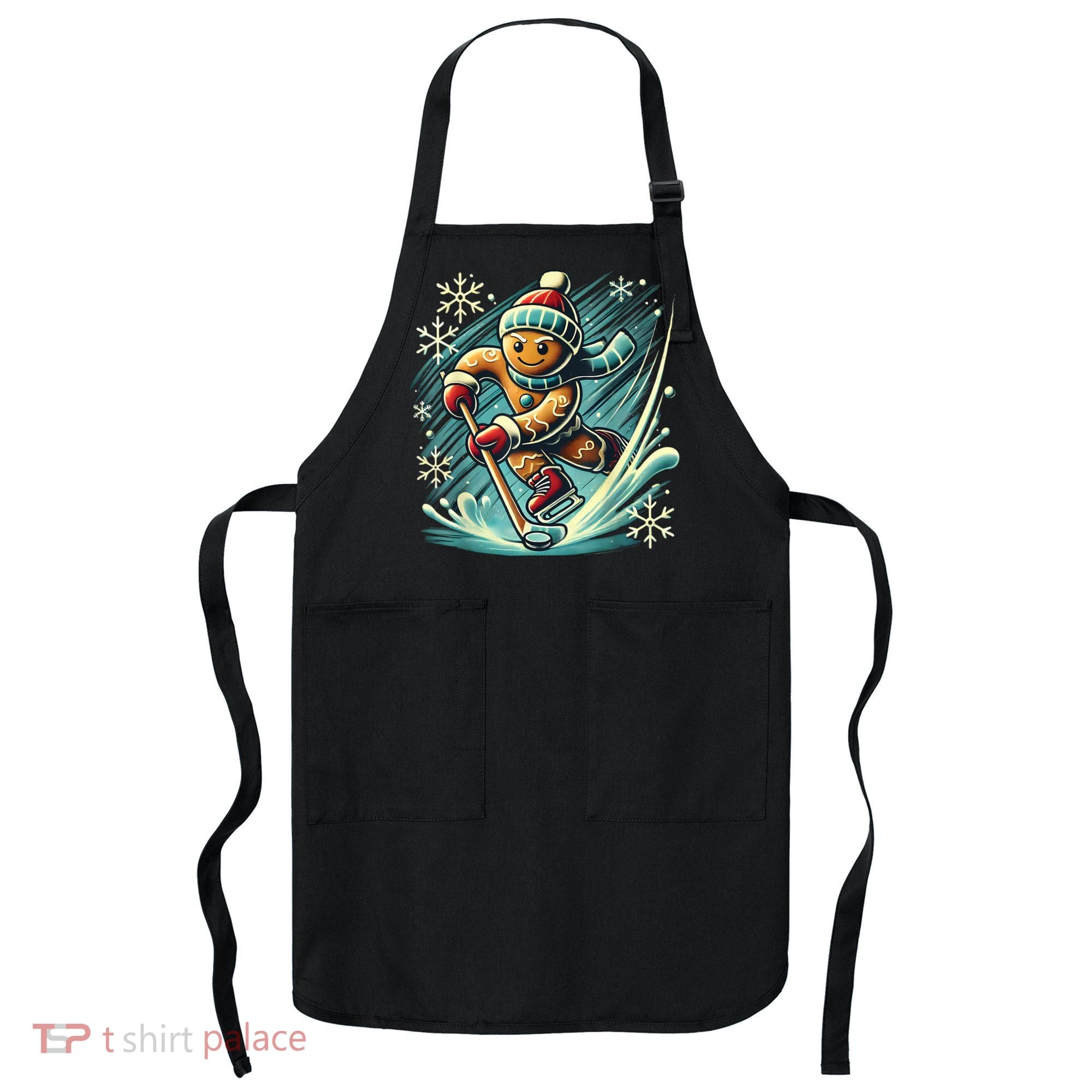 Funny Xmas Gingerbread Playing Ice Hockey Lovers Christmas Gift Apron