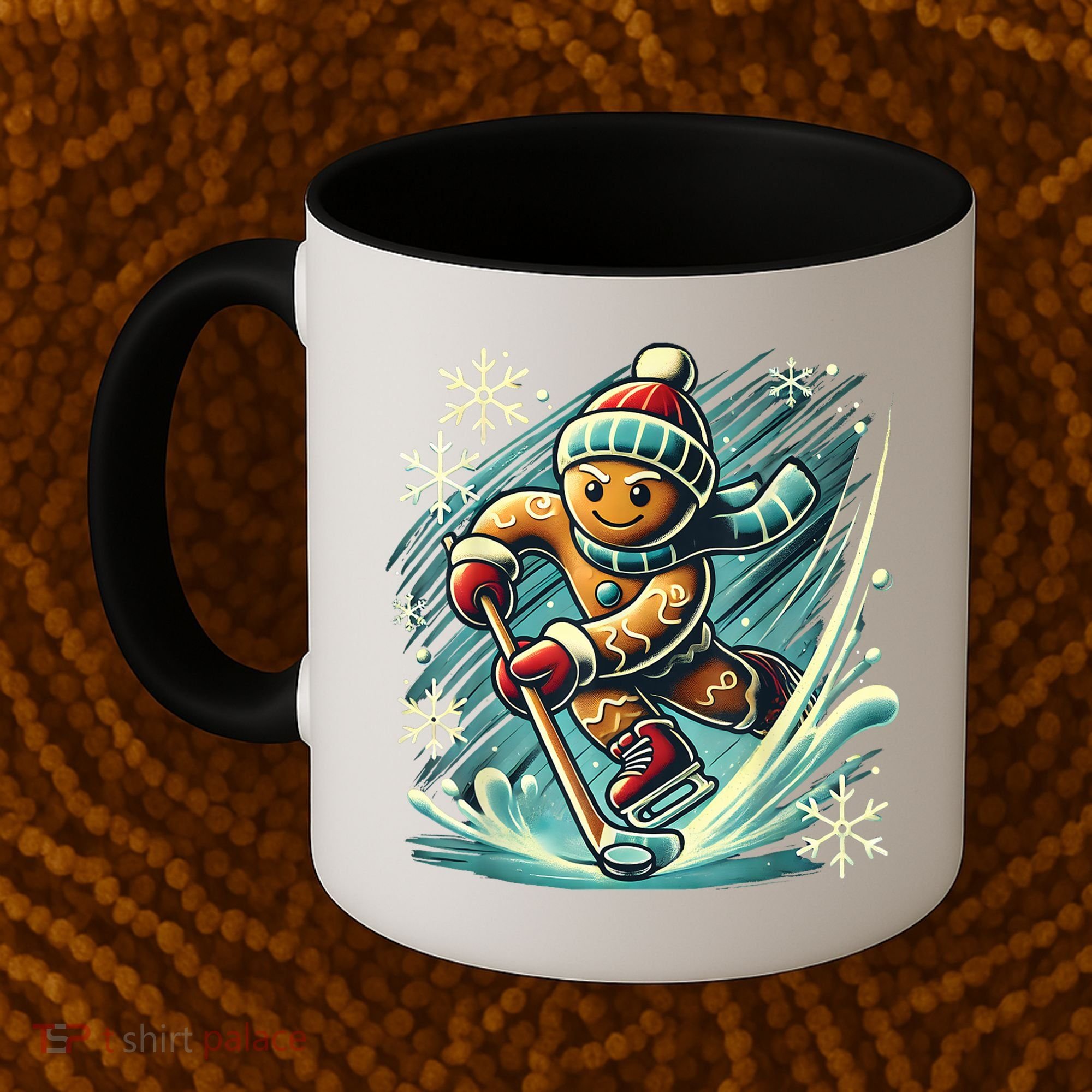 Funny Xmas Gingerbread Playing Ice Hockey Lovers Christmas Gift Coffee Mug