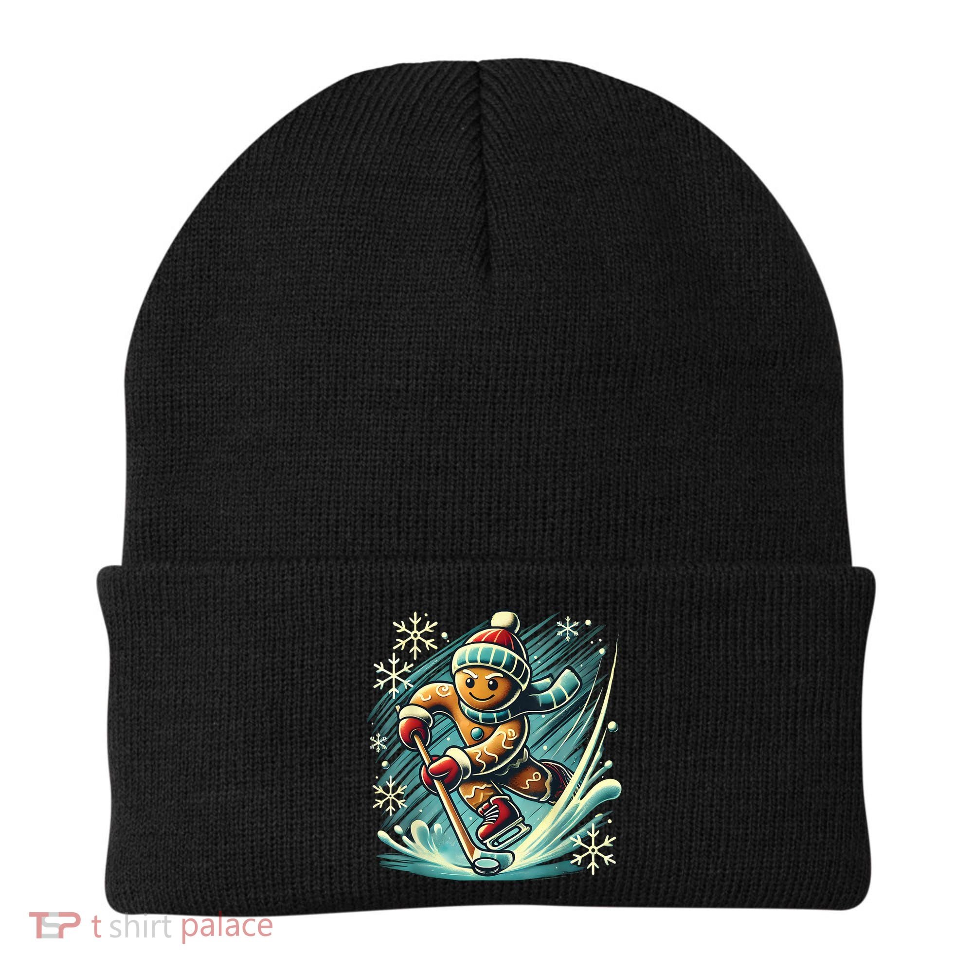 Funny Xmas Gingerbread Playing Ice Hockey Lovers Christmas Gift Beanie