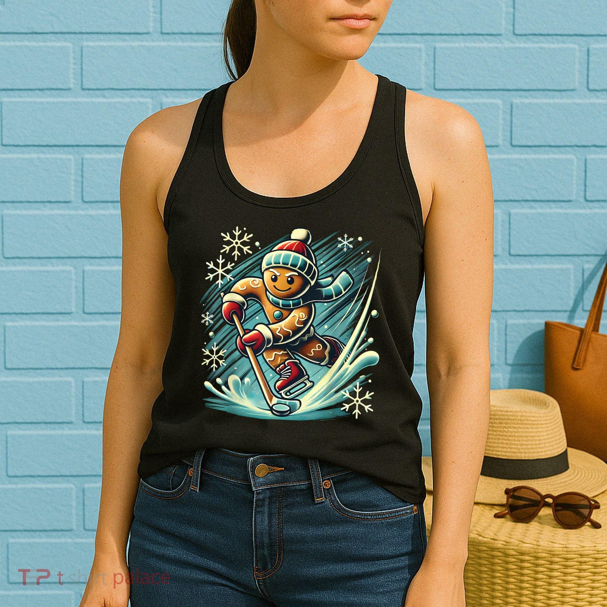 Funny Xmas Gingerbread Playing Ice Hockey Lovers Christmas Gift Women's Tank Top