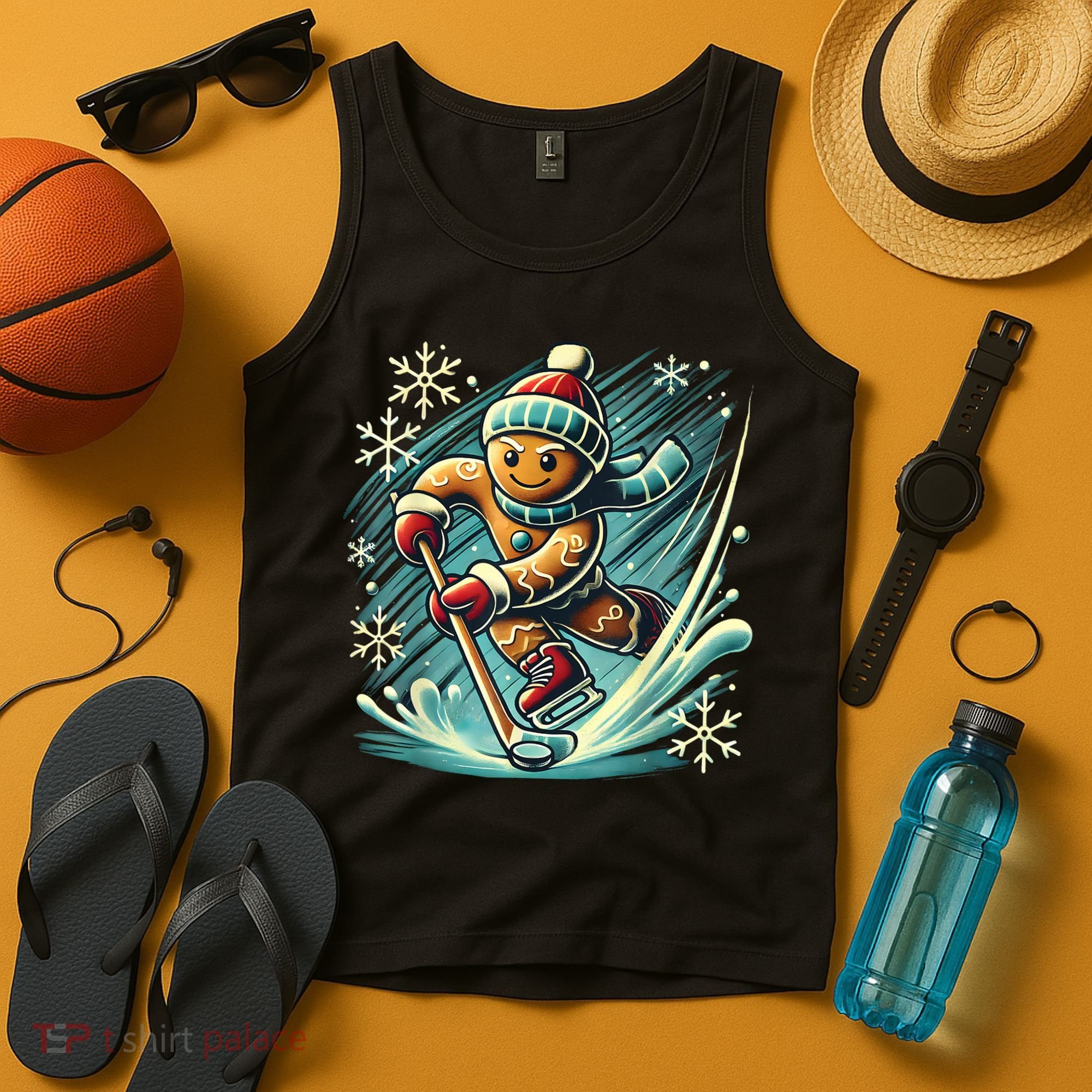 Funny Xmas Gingerbread Playing Ice Hockey Lovers Christmas Gift Tank Top