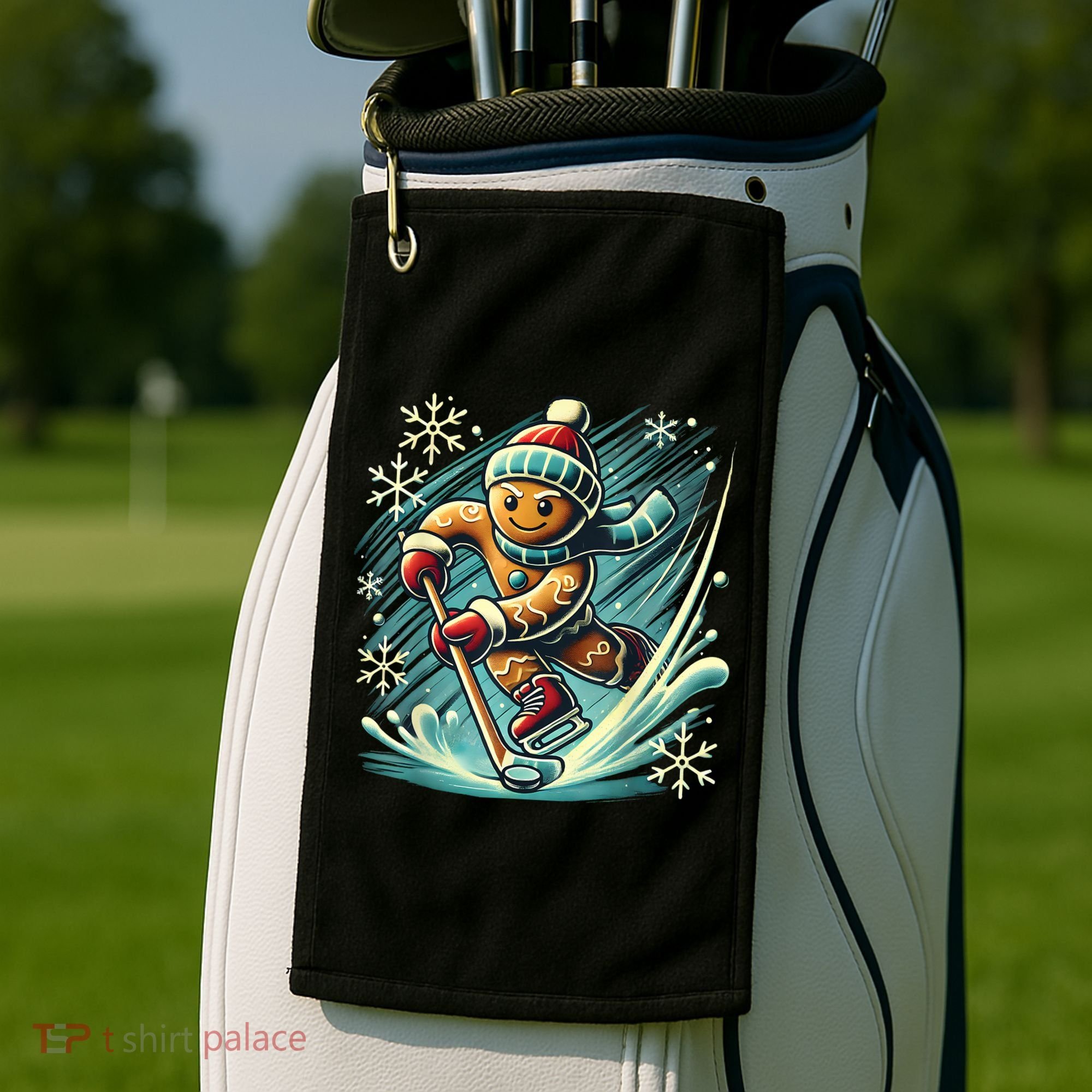Funny Xmas Gingerbread Playing Ice Hockey Lovers Christmas Gift Golf Towel