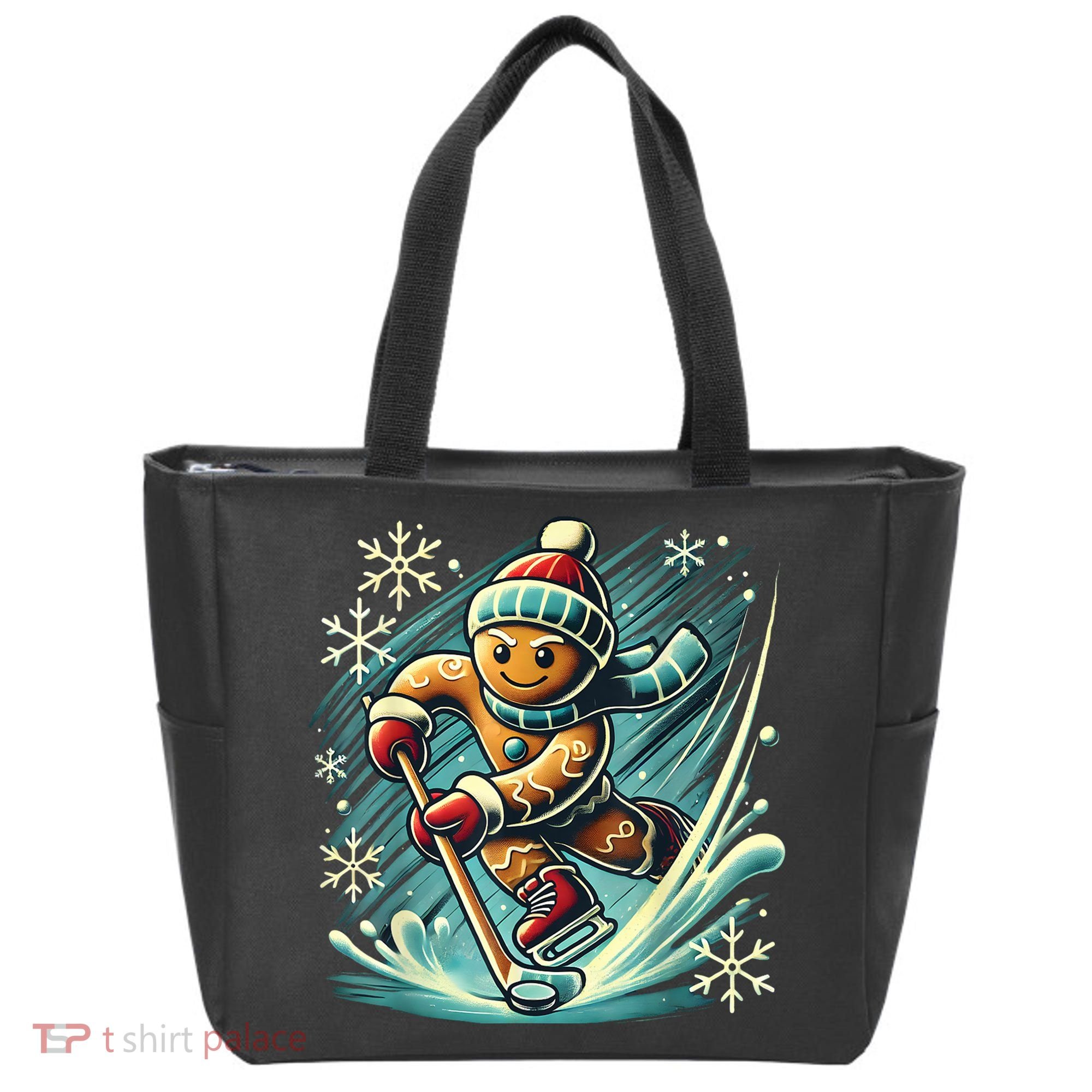 Funny Xmas Gingerbread Playing Ice Hockey Lovers Christmas Gift Tote Bag