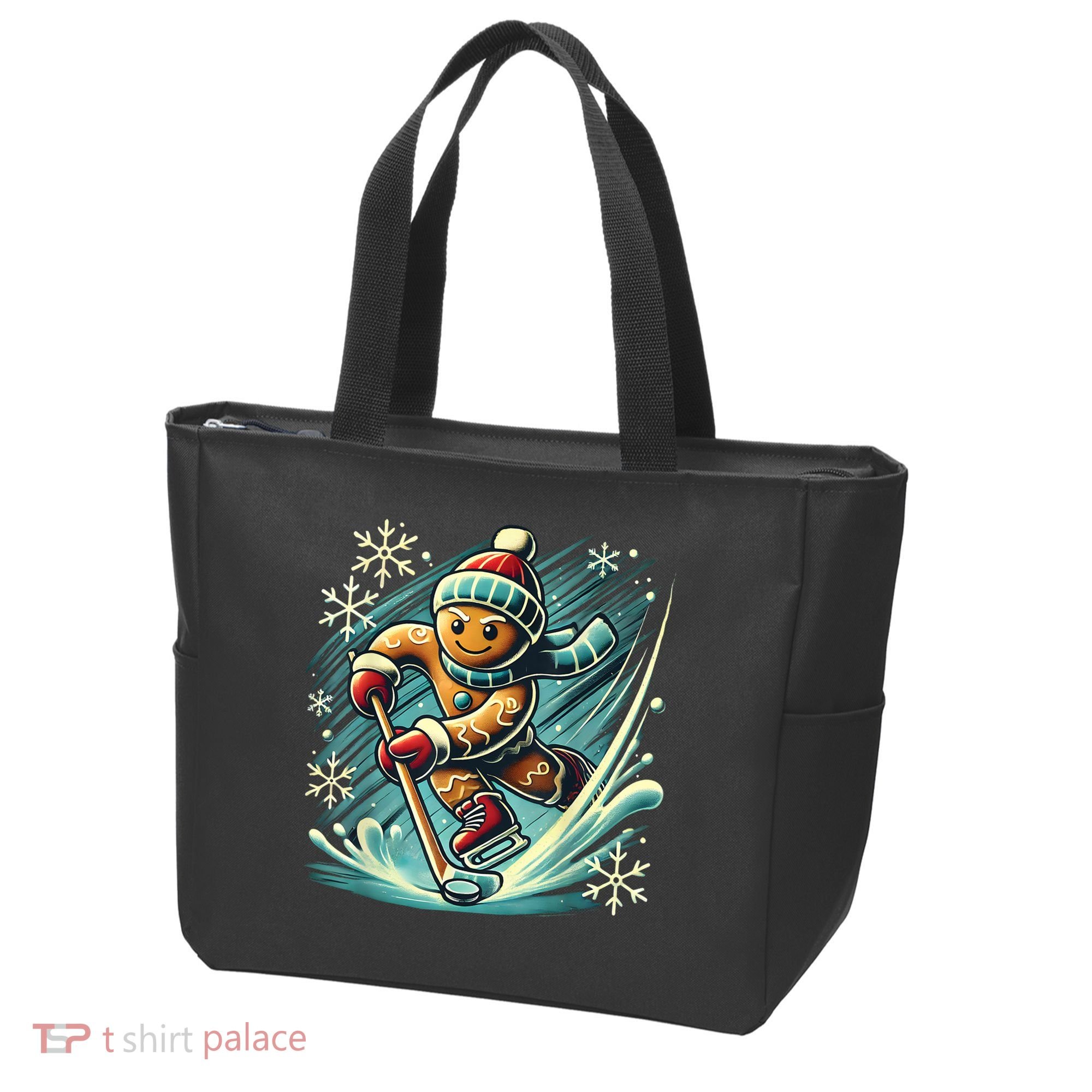 Funny Xmas Gingerbread Playing Ice Hockey Lovers Christmas Gift Tote Bag