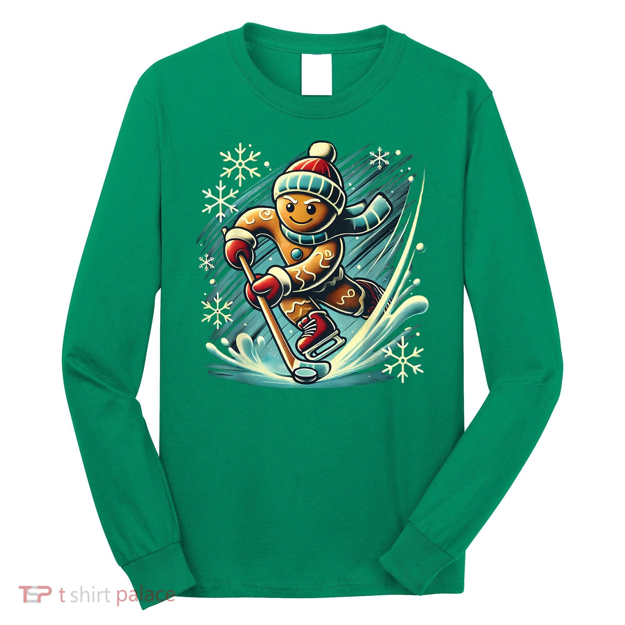 Funny Xmas Gingerbread Playing Ice Hockey Lovers Christmas Gift Long Sleeve Shirt