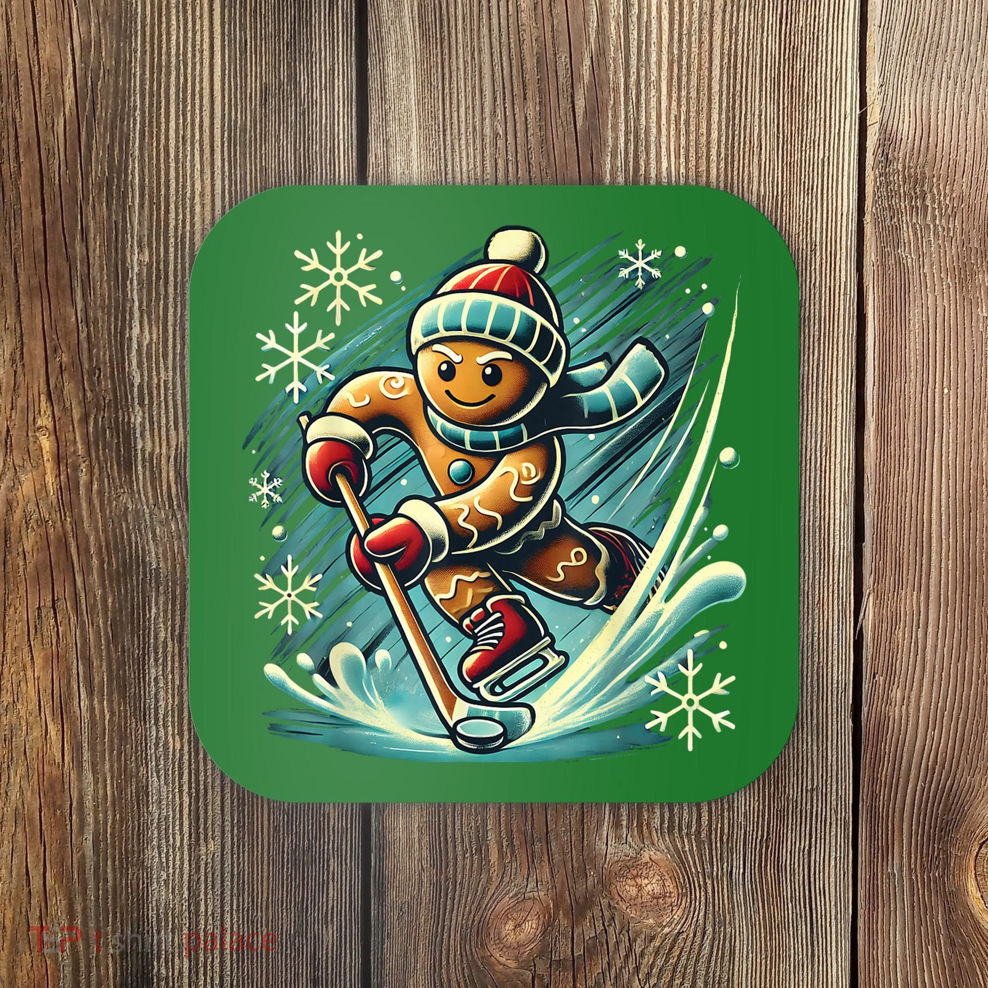 Funny Xmas Gingerbread Playing Ice Hockey Lovers Christmas Gift Coaster