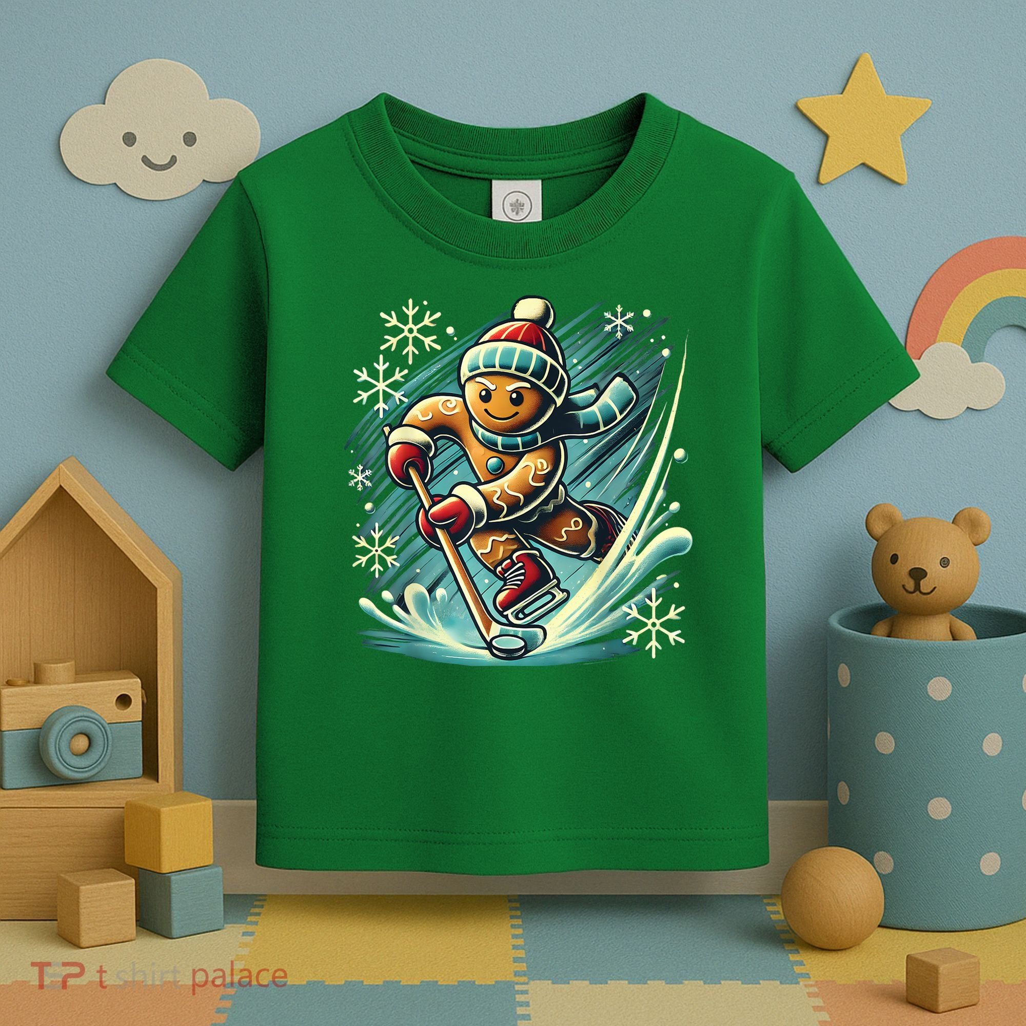 Funny Xmas Gingerbread Playing Ice Hockey Lovers Christmas Gift Toddler T-Shirt