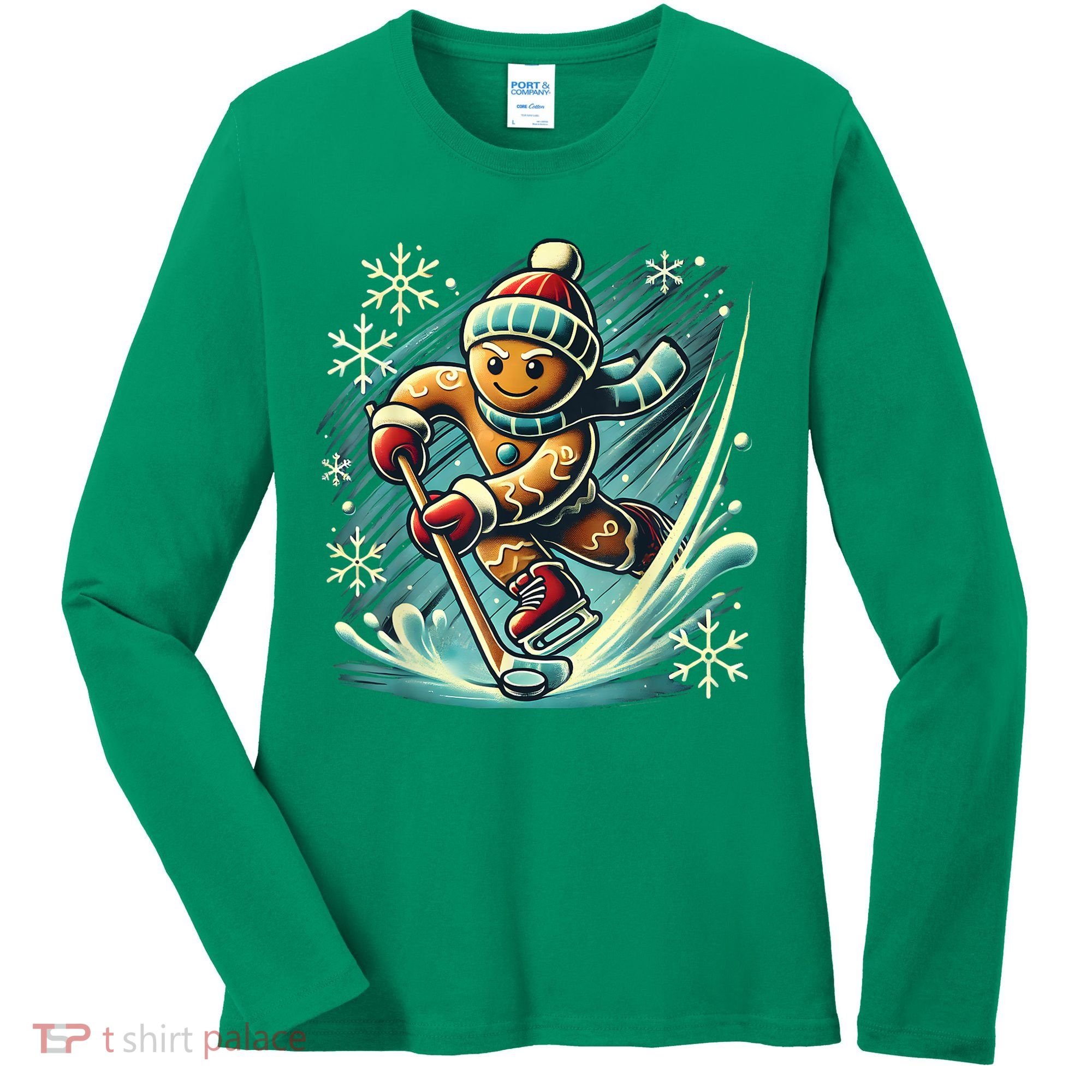 Funny Xmas Gingerbread Playing Ice Hockey Lovers Christmas Gift Women's Long Sleeve Shirt