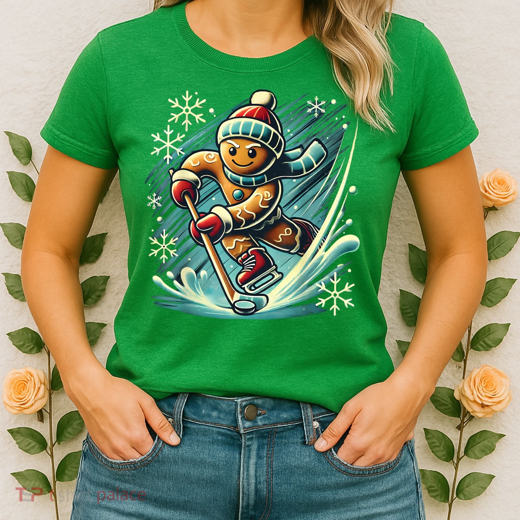 Funny Xmas Gingerbread Playing Ice Hockey Lovers Christmas Gift Women's T-Shirt