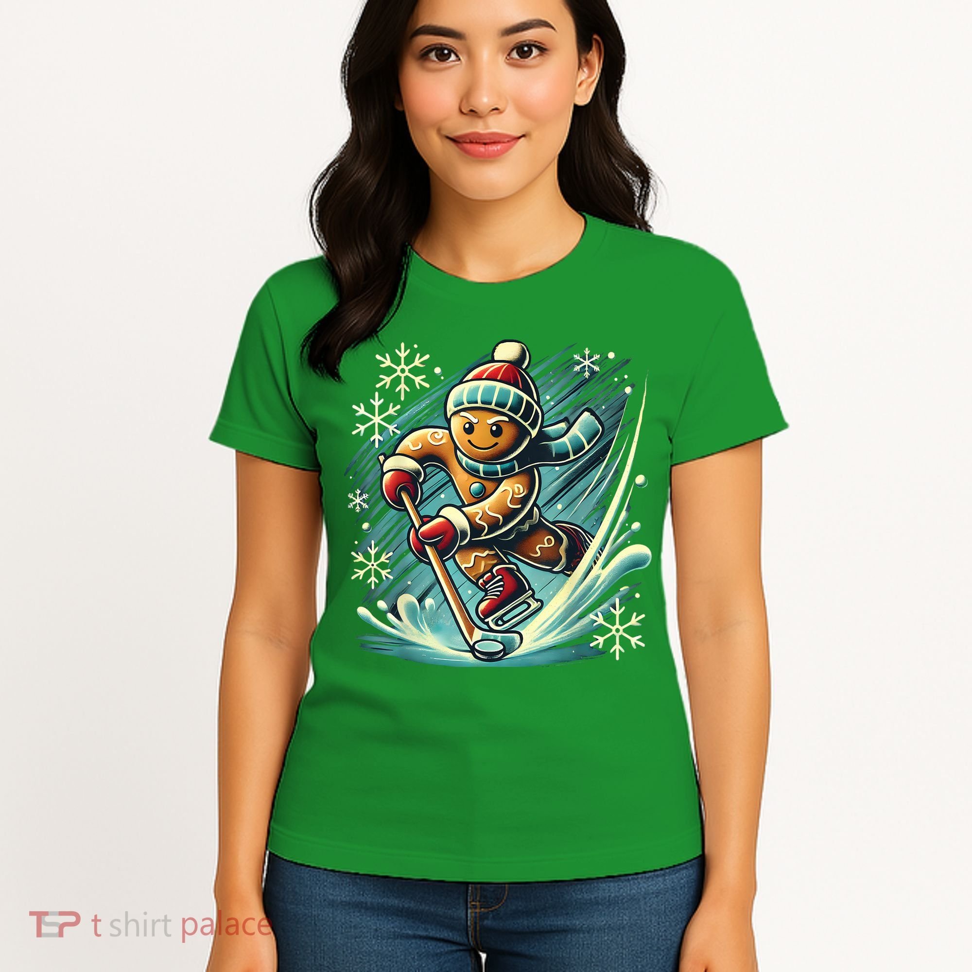 Funny Xmas Gingerbread Playing Ice Hockey Lovers Christmas Gift Women's T-Shirt