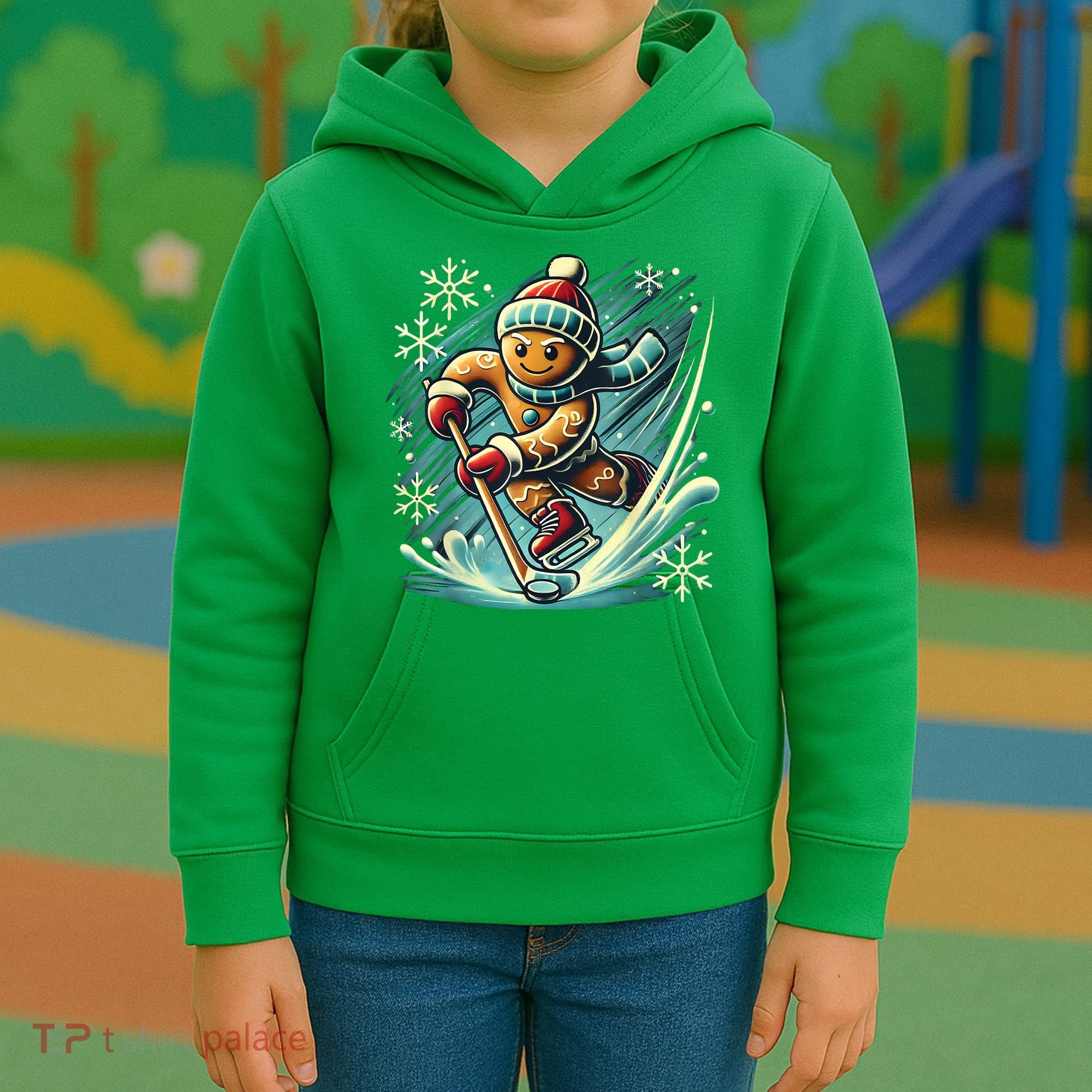 Funny Xmas Gingerbread Playing Ice Hockey Lovers Christmas Gift Kids Hoodie