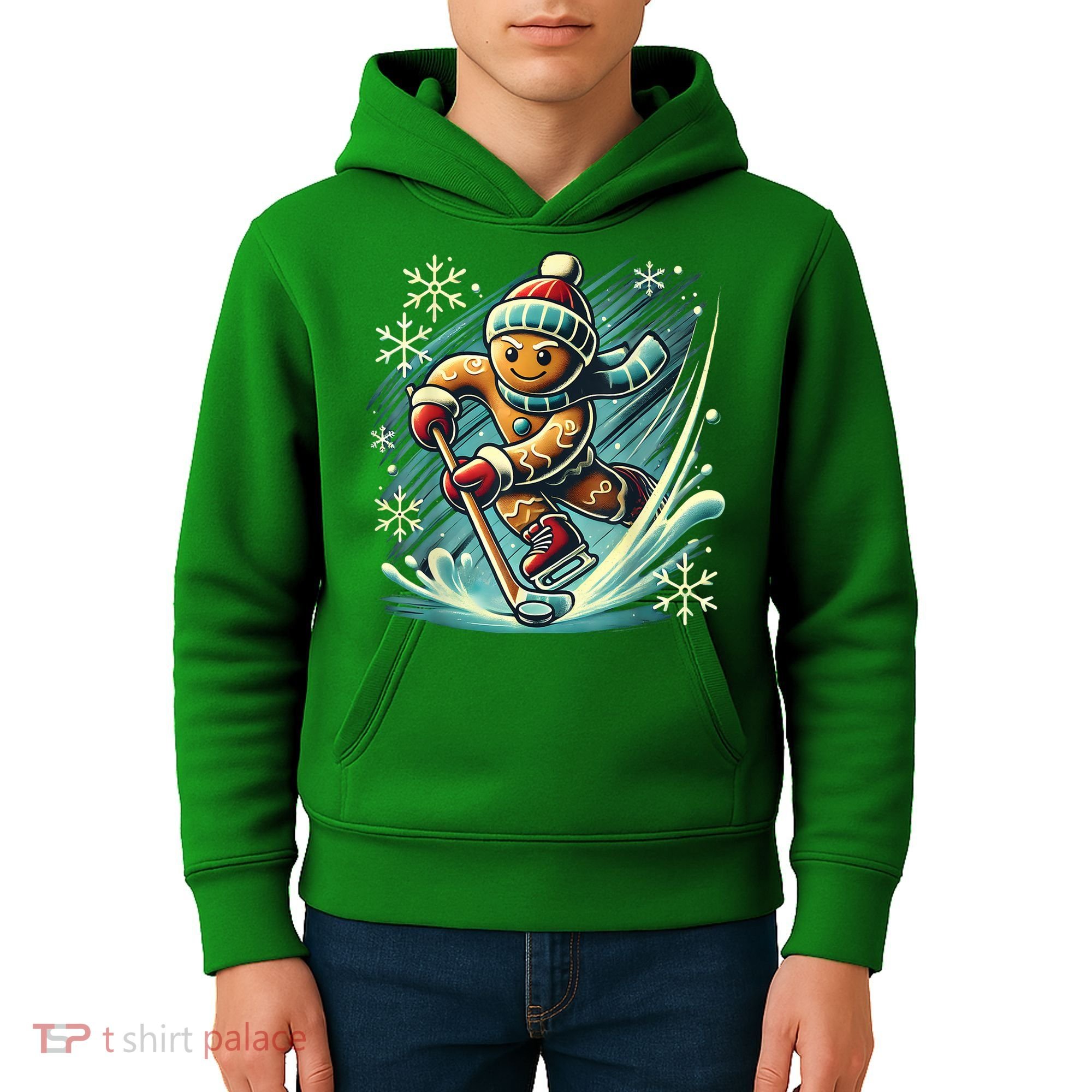 Funny Xmas Gingerbread Playing Ice Hockey Lovers Christmas Gift Kids Hoodie