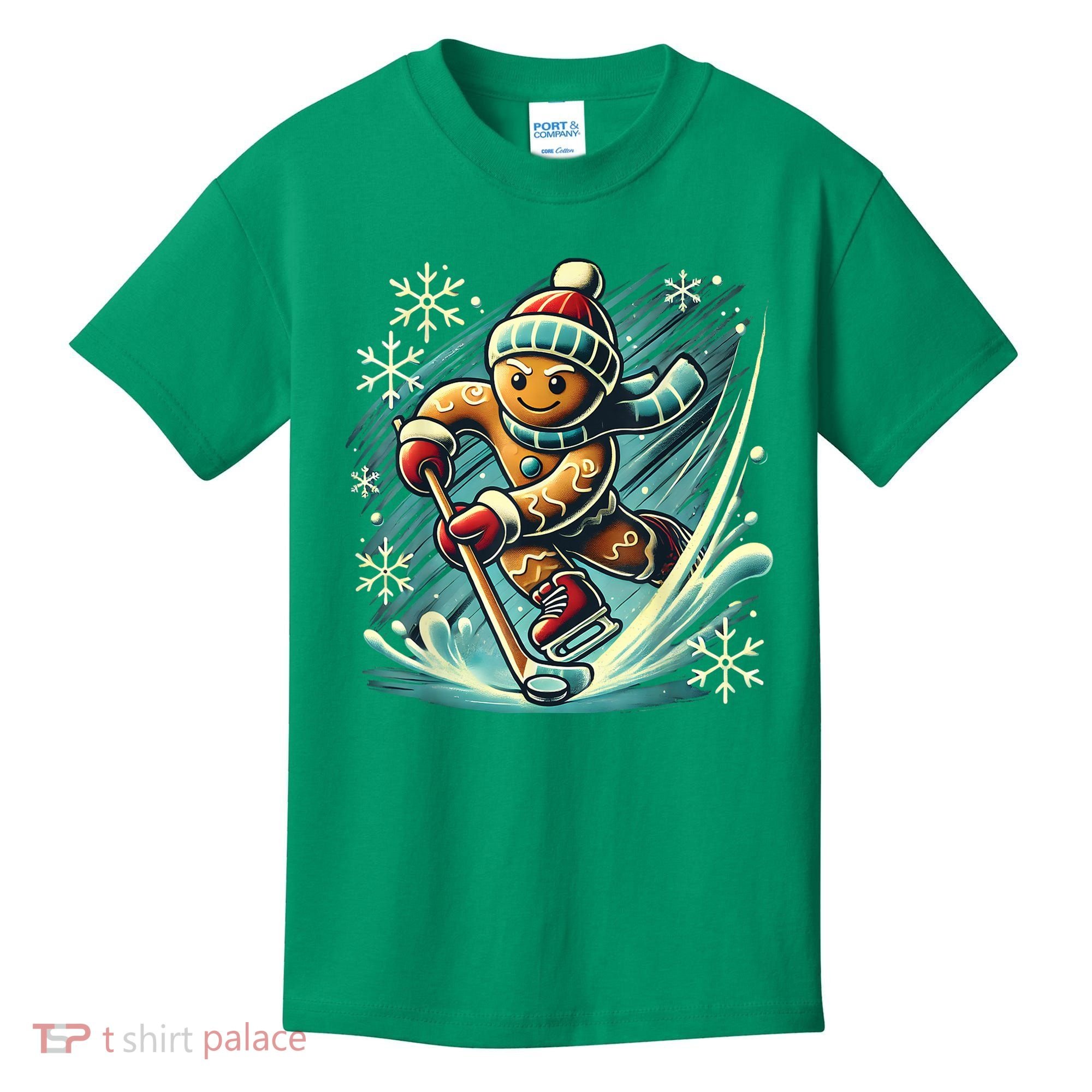 Funny Xmas Gingerbread Playing Ice Hockey Lovers Christmas Gift Kids T-Shirt