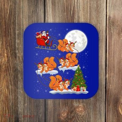 Funny Xmas Lighting Tree Santa Riding Squirrel Christmas Gift Coaster