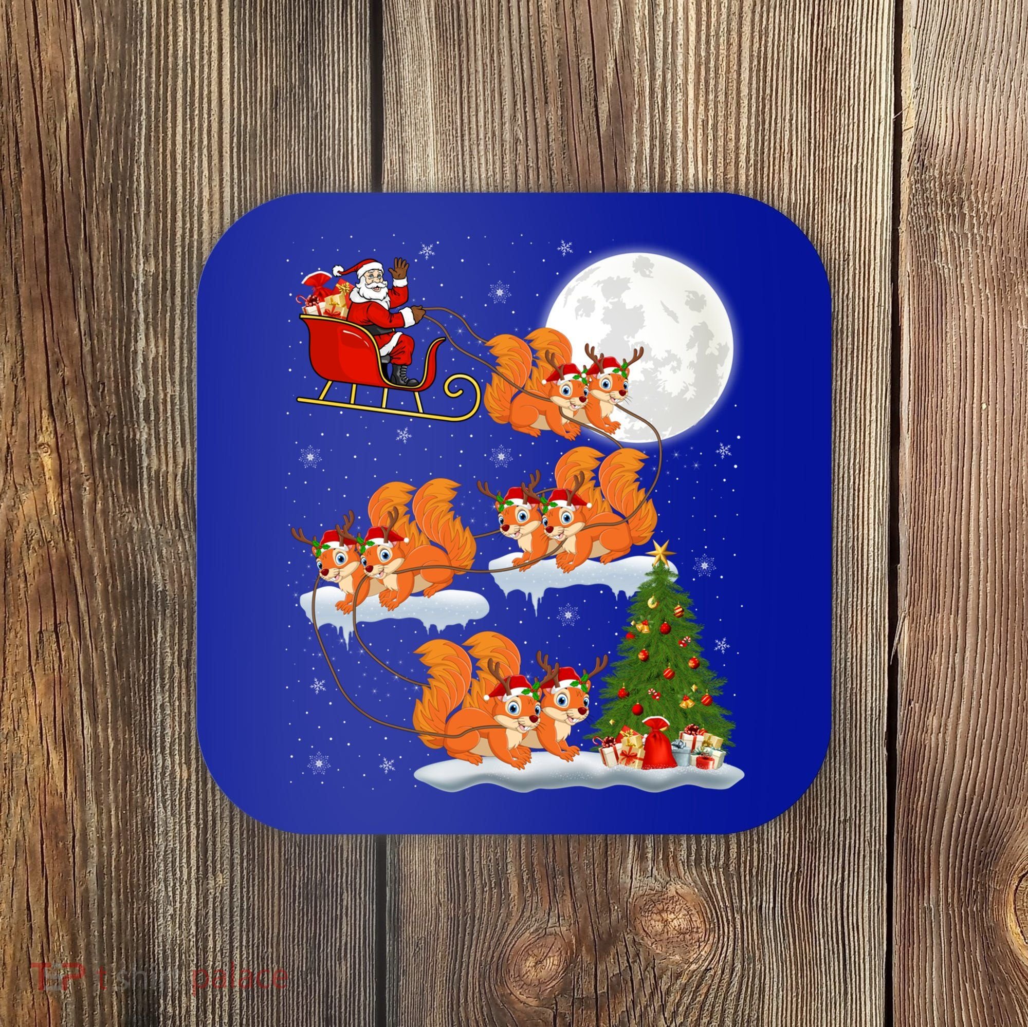 Funny Xmas Lighting Tree Santa Riding Squirrel Christmas Gift Coaster