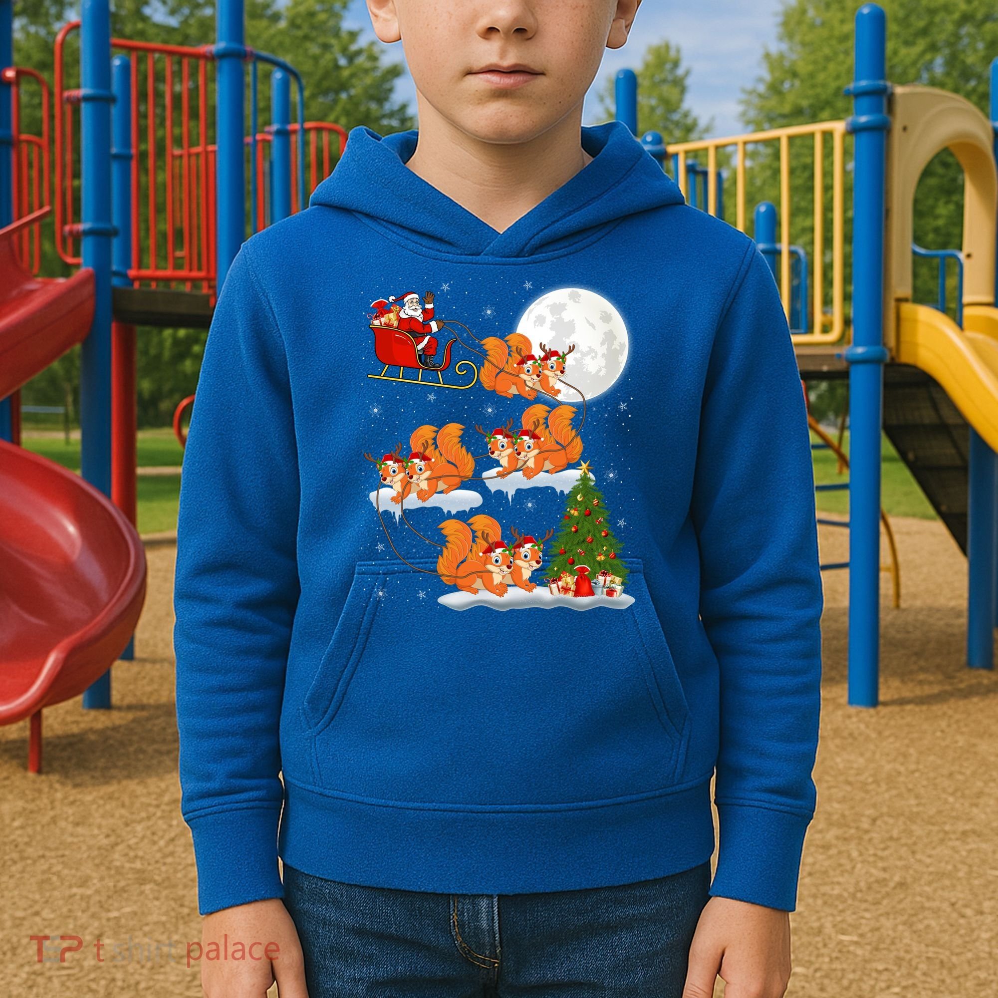 Funny Xmas Lighting Tree Santa Riding Squirrel Christmas Gift Kids Hoodie