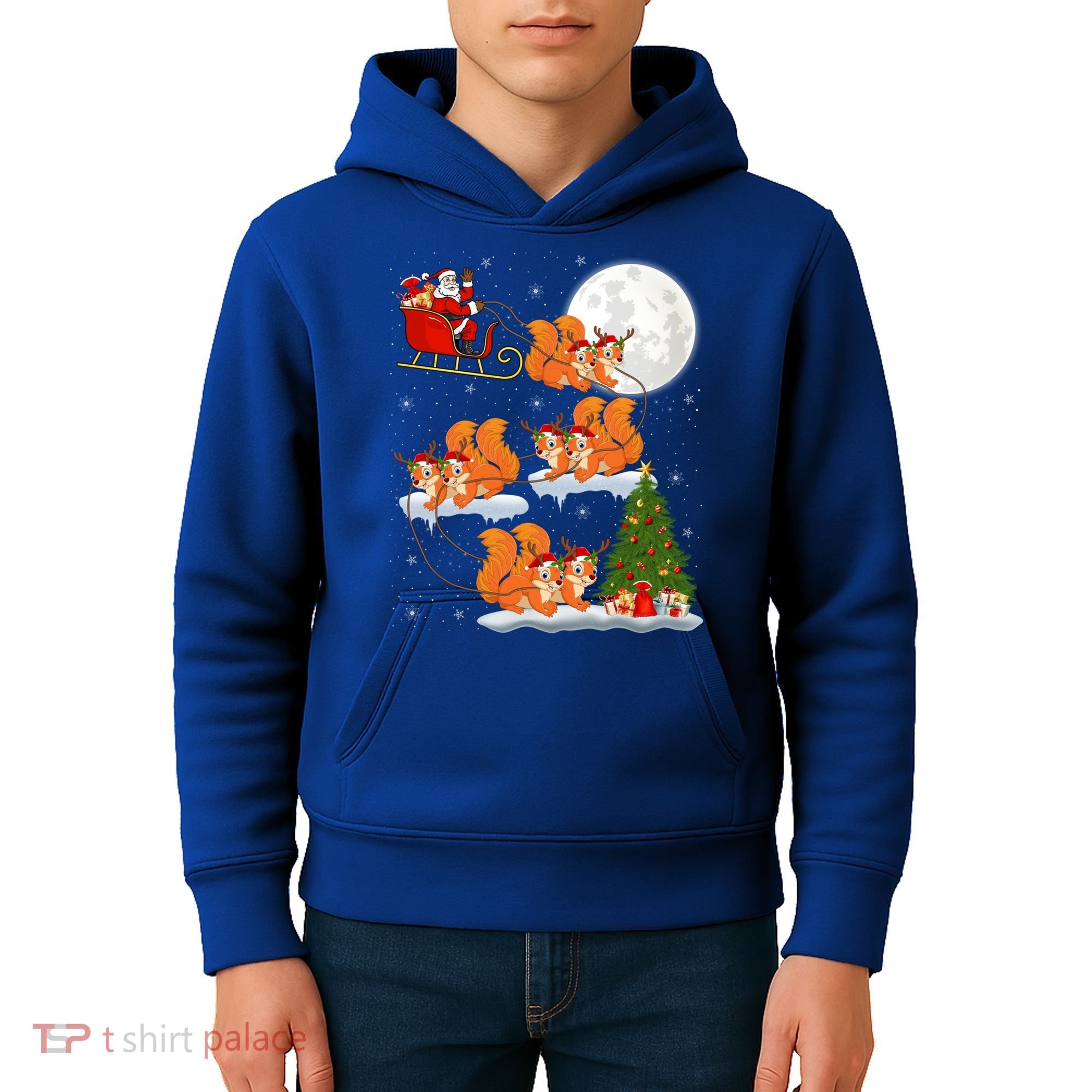 Funny Xmas Lighting Tree Santa Riding Squirrel Christmas Gift Kids Hoodie