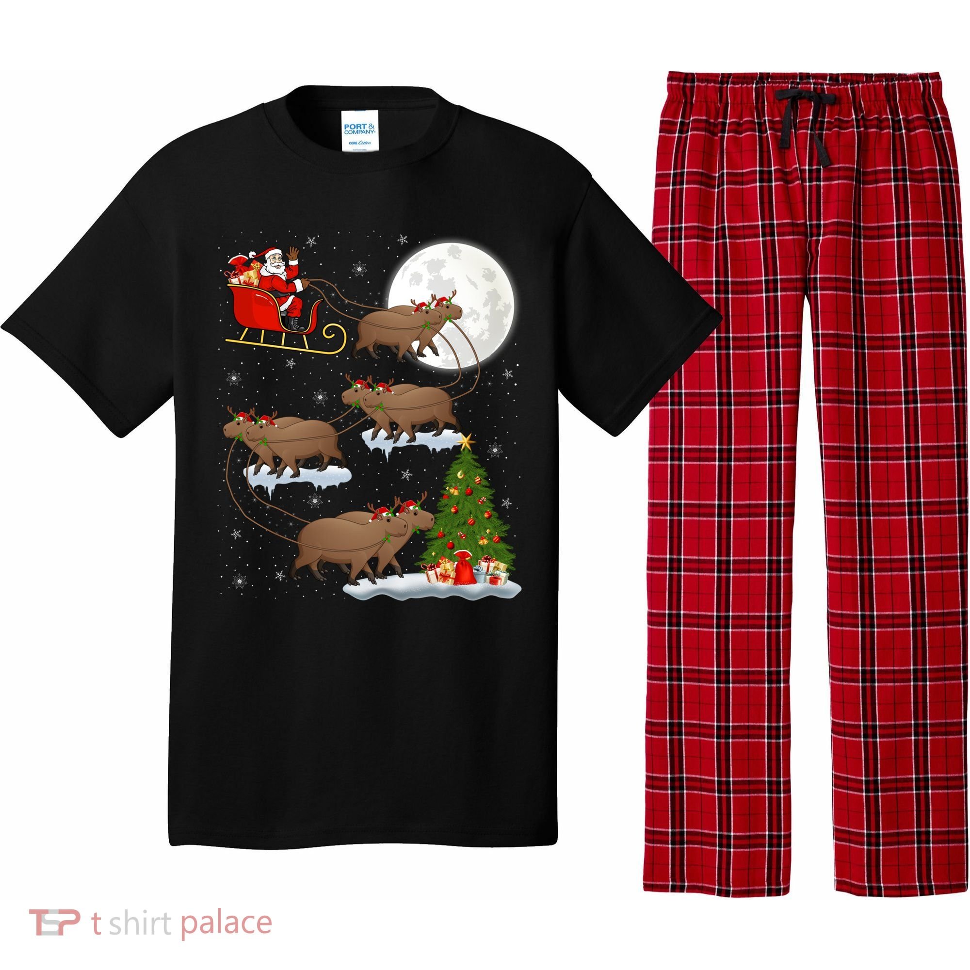 Funny Xmas Lighting Tree Santa Riding Capybara Christmas Gift Pajama Set