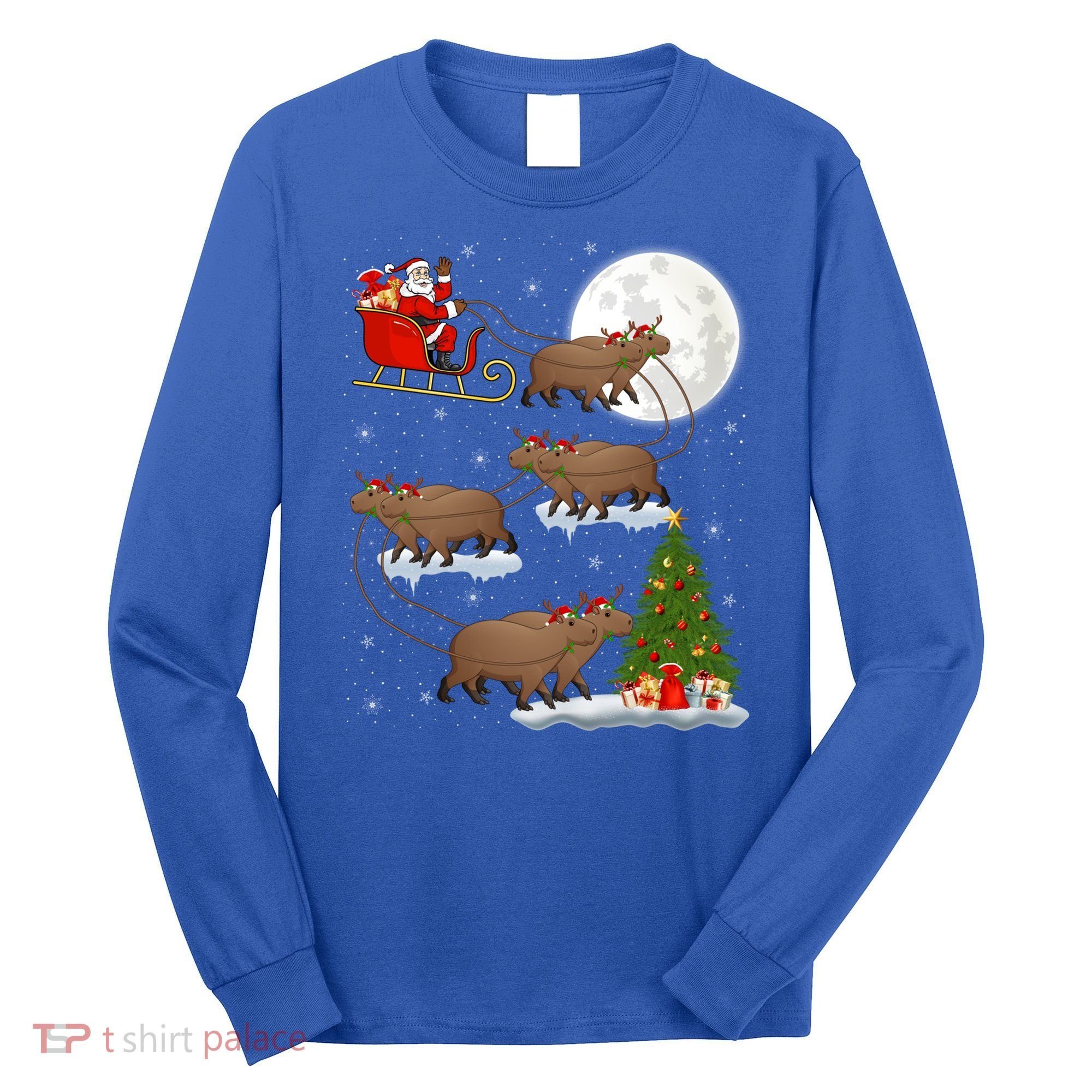 Funny Xmas Lighting Tree Santa Riding Capybara Christmas Gift Long Sleeve Shirt