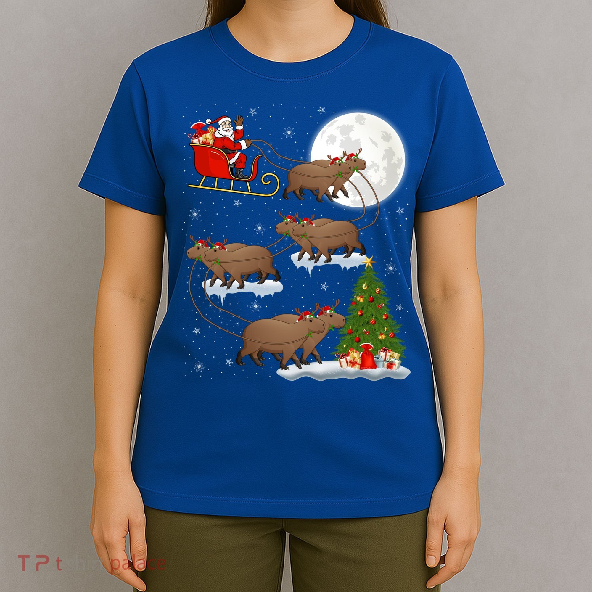 Funny Xmas Lighting Tree Santa Riding Capybara Christmas Gift T-Shirt