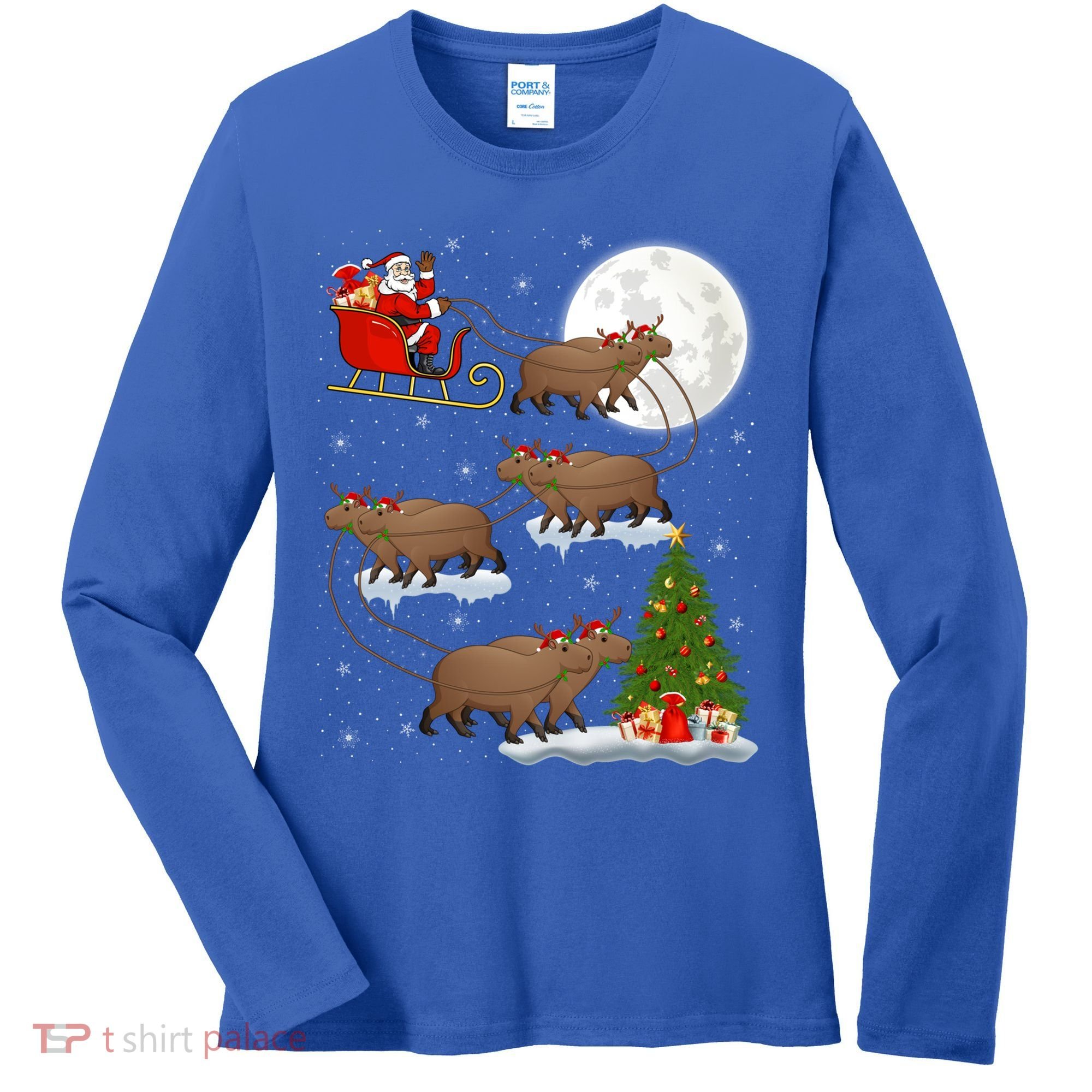 Funny Xmas Lighting Tree Santa Riding Capybara Christmas Gift Women's Long Sleeve Shirt