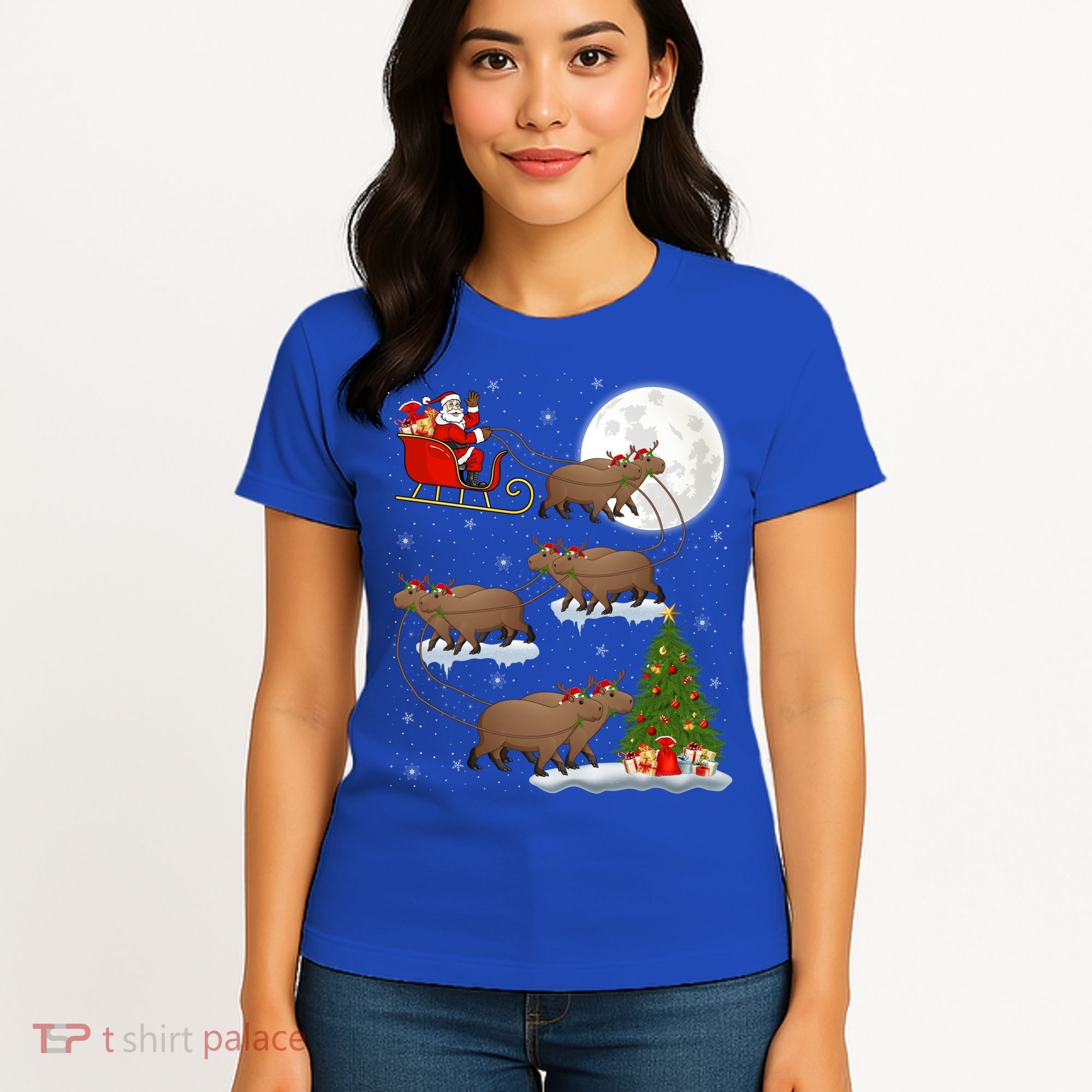 Funny Xmas Lighting Tree Santa Riding Capybara Christmas Gift Women's T-Shirt