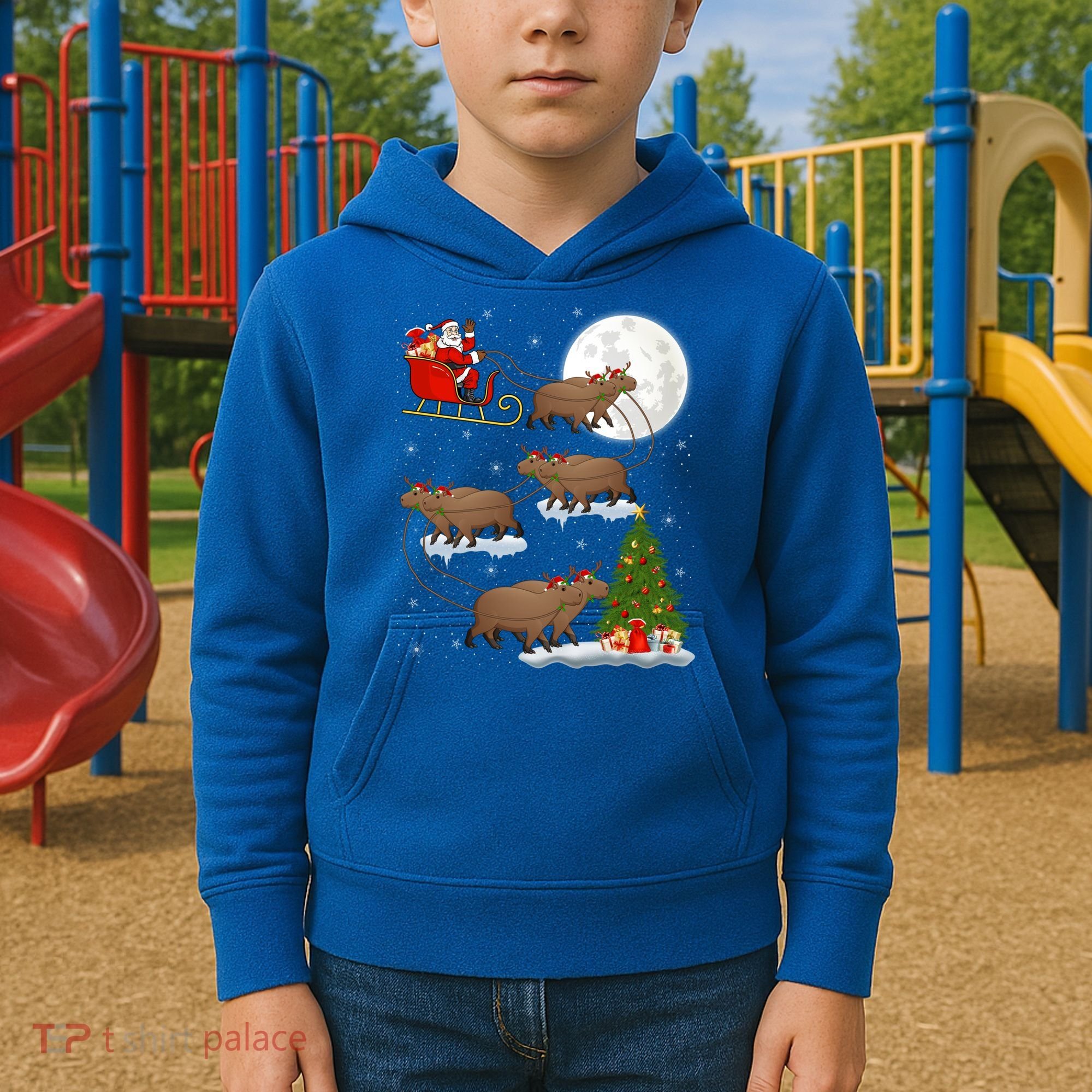 Funny Xmas Lighting Tree Santa Riding Capybara Christmas Gift Kids Hoodie