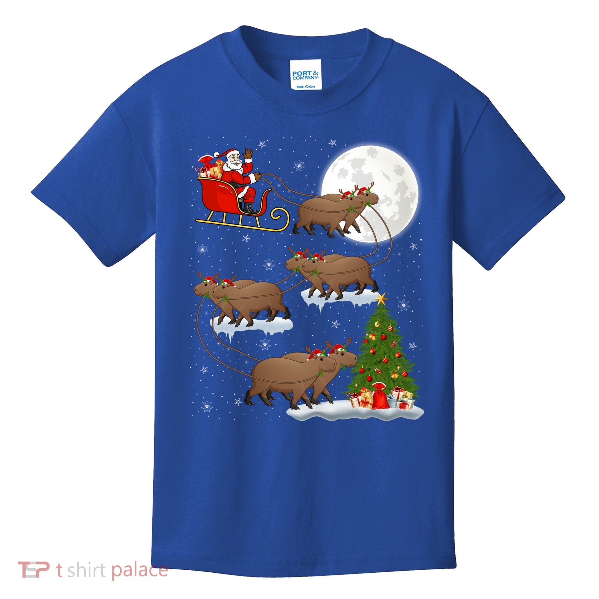 Funny Xmas Lighting Tree Santa Riding Capybara Christmas Gift Kids T-Shirt