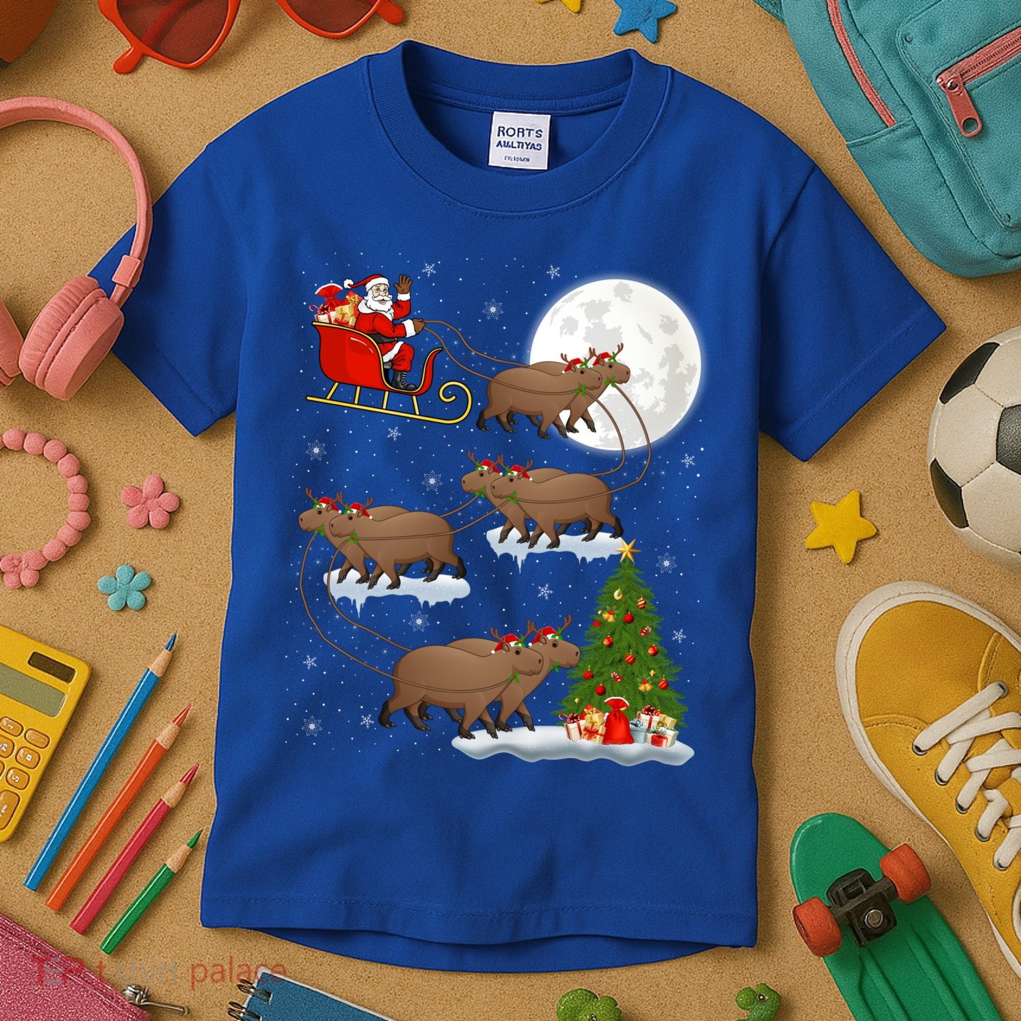 Funny Xmas Lighting Tree Santa Riding Capybara Christmas Gift Kids T-Shirt