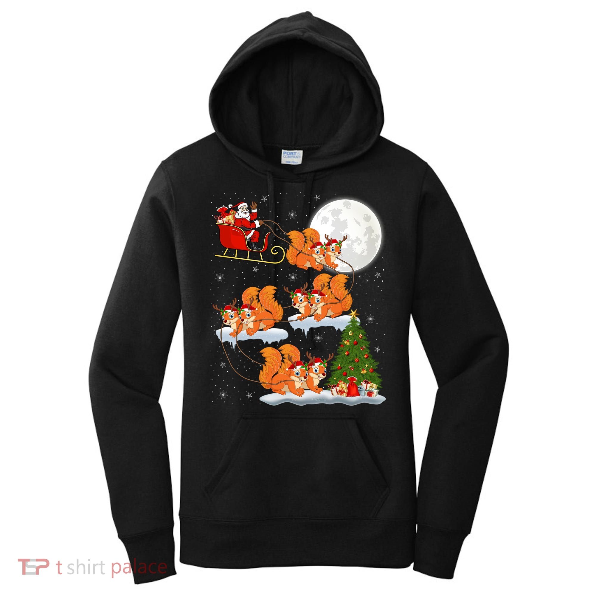 Funny Xmas Lighting Tree Santa Riding Squirrel Christmas Gift Women's Hoodie