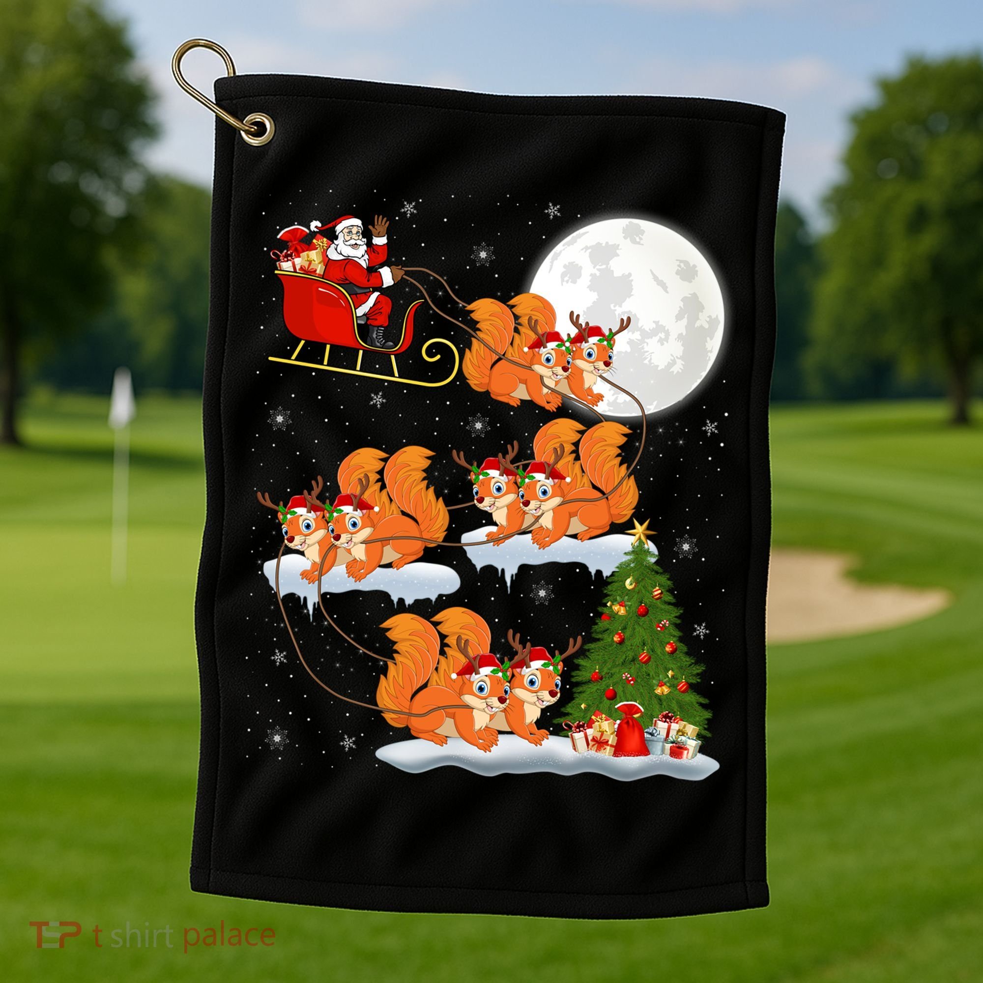 Funny Xmas Lighting Tree Santa Riding Squirrel Christmas Gift Golf Towel
