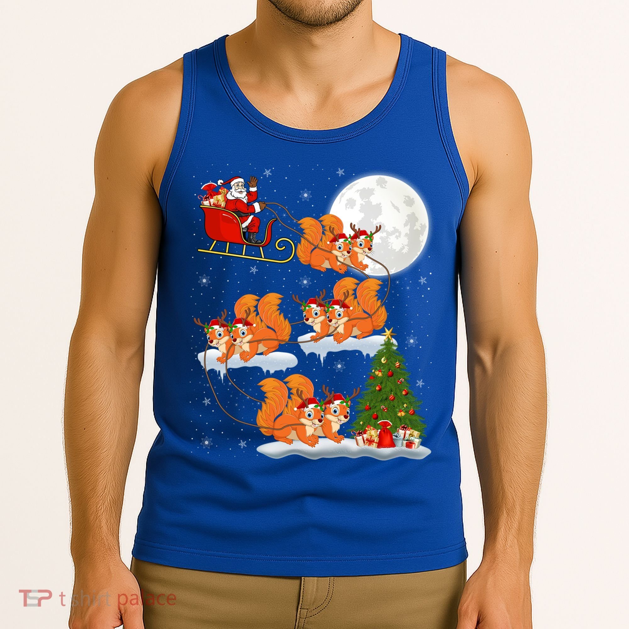 Funny Xmas Lighting Tree Santa Riding Squirrel Christmas Gift Tank Top