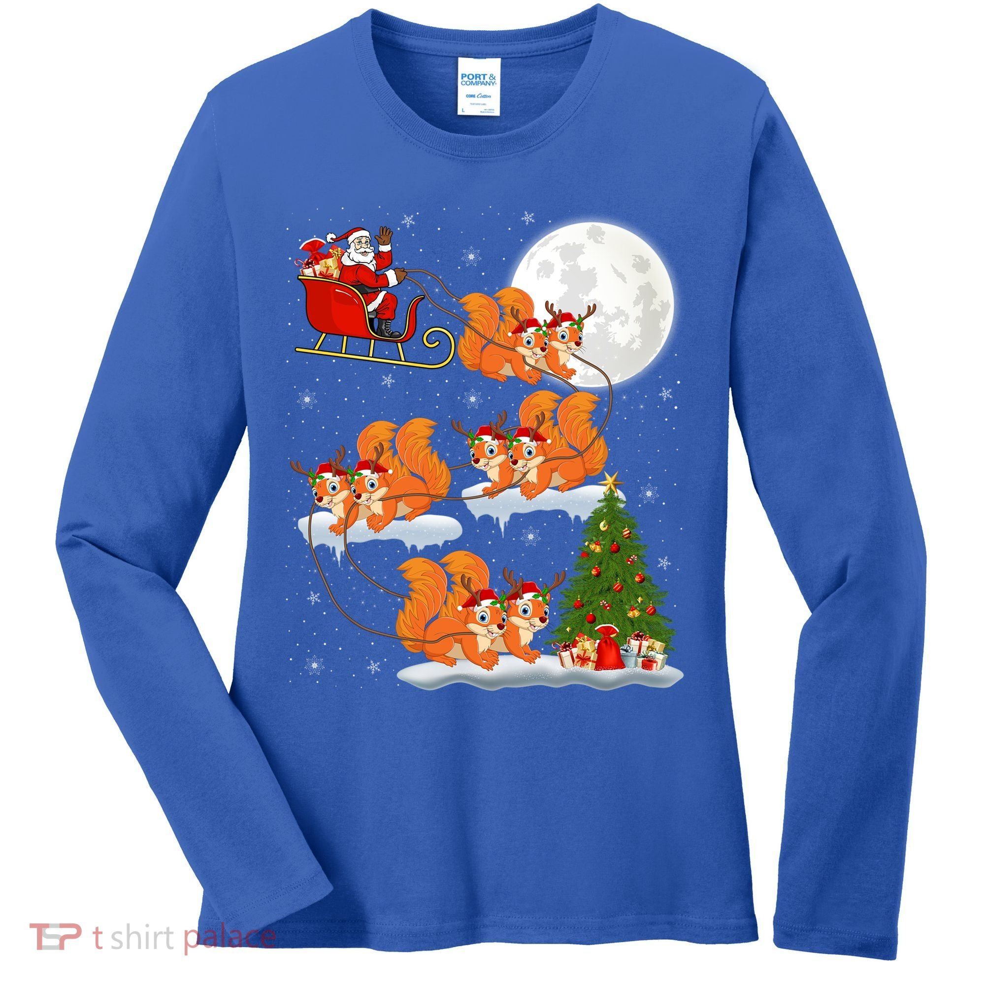 Funny Xmas Lighting Tree Santa Riding Squirrel Christmas Gift Women's Long Sleeve Shirt
